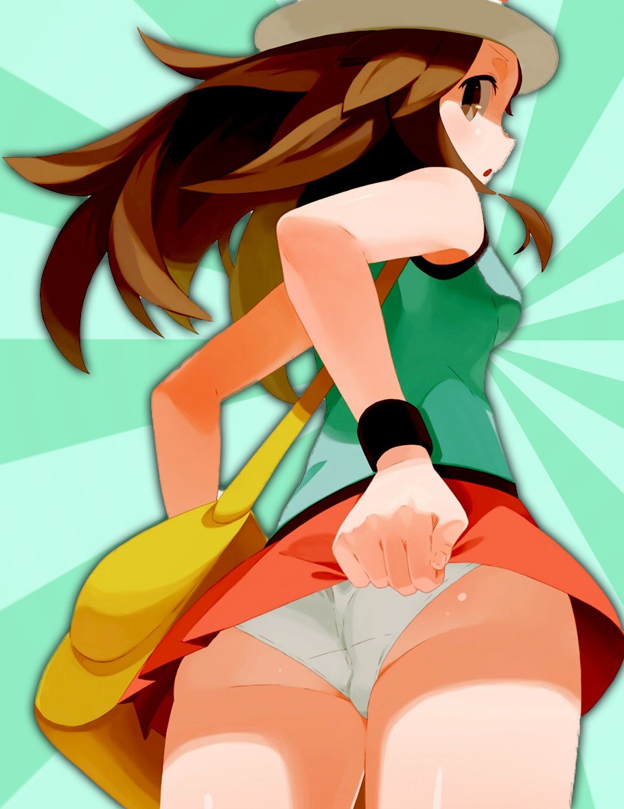 :o artist_request brown_hair female game_freak green_background green_shirt leaf_(pokemon) lifting_skirt long_hair looking_back nintendo pokemon pokemon_rgby red_skirt short_skirt solo solo_female underwear upskirt yellow_bag