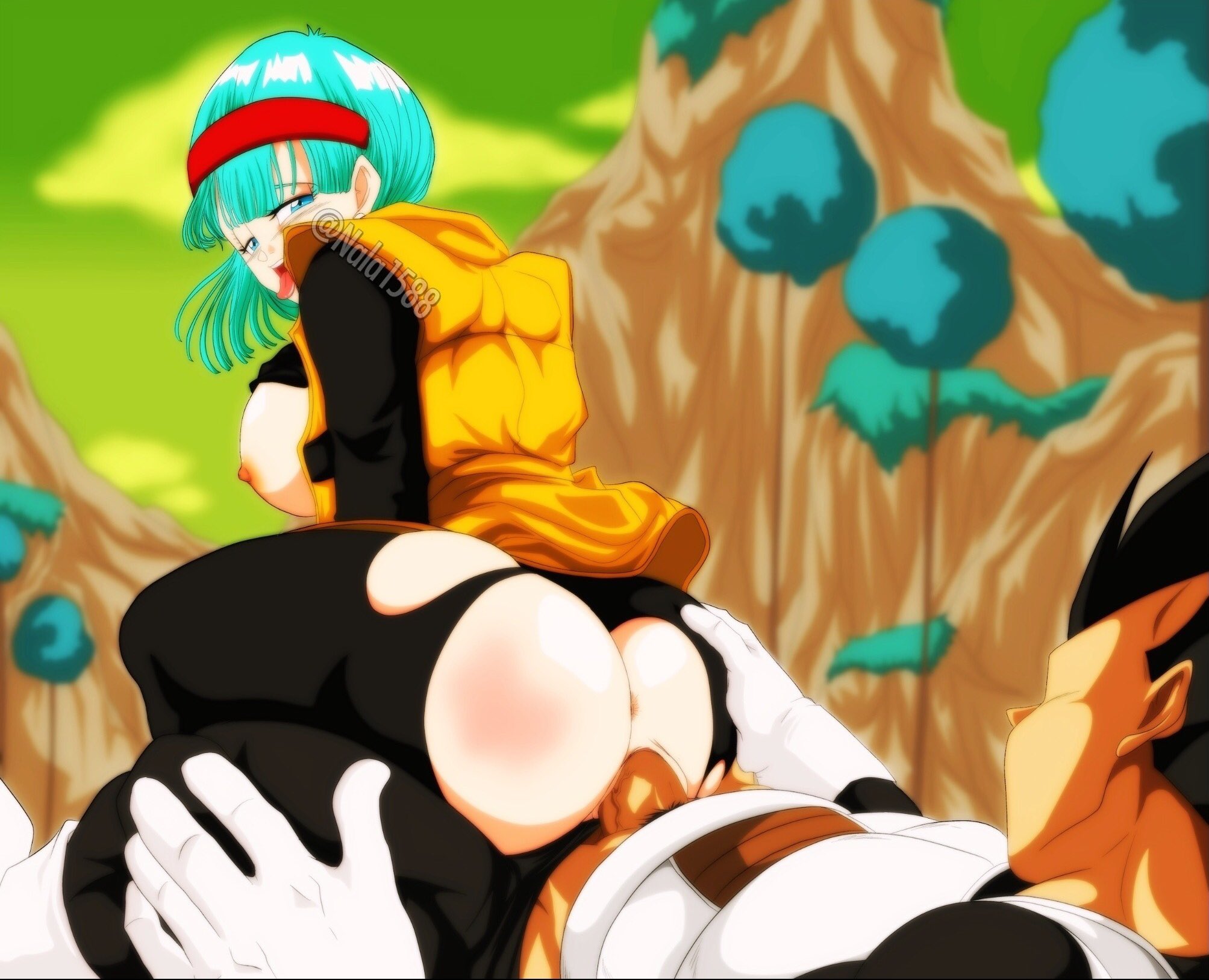 1boy, 1girls, 2020, anus, areolae, ass, black hair, blue eyes, blue hair, breasts, breasts out, bulma, bulma (freeza saga), bulma briefs, clothed sex, cowgirl position, dragon ball, dragon ball z, female, female focus, female on top, hairband, hi res, light blue hair, long hair, looking at partner, looking back, male, nala1588, narrowed eyes, nipples, penetration, penis, pleasure face, pussy, reverse cowgirl position, sex, thick thighs, torn clothes, vaginal penetration, vegeta