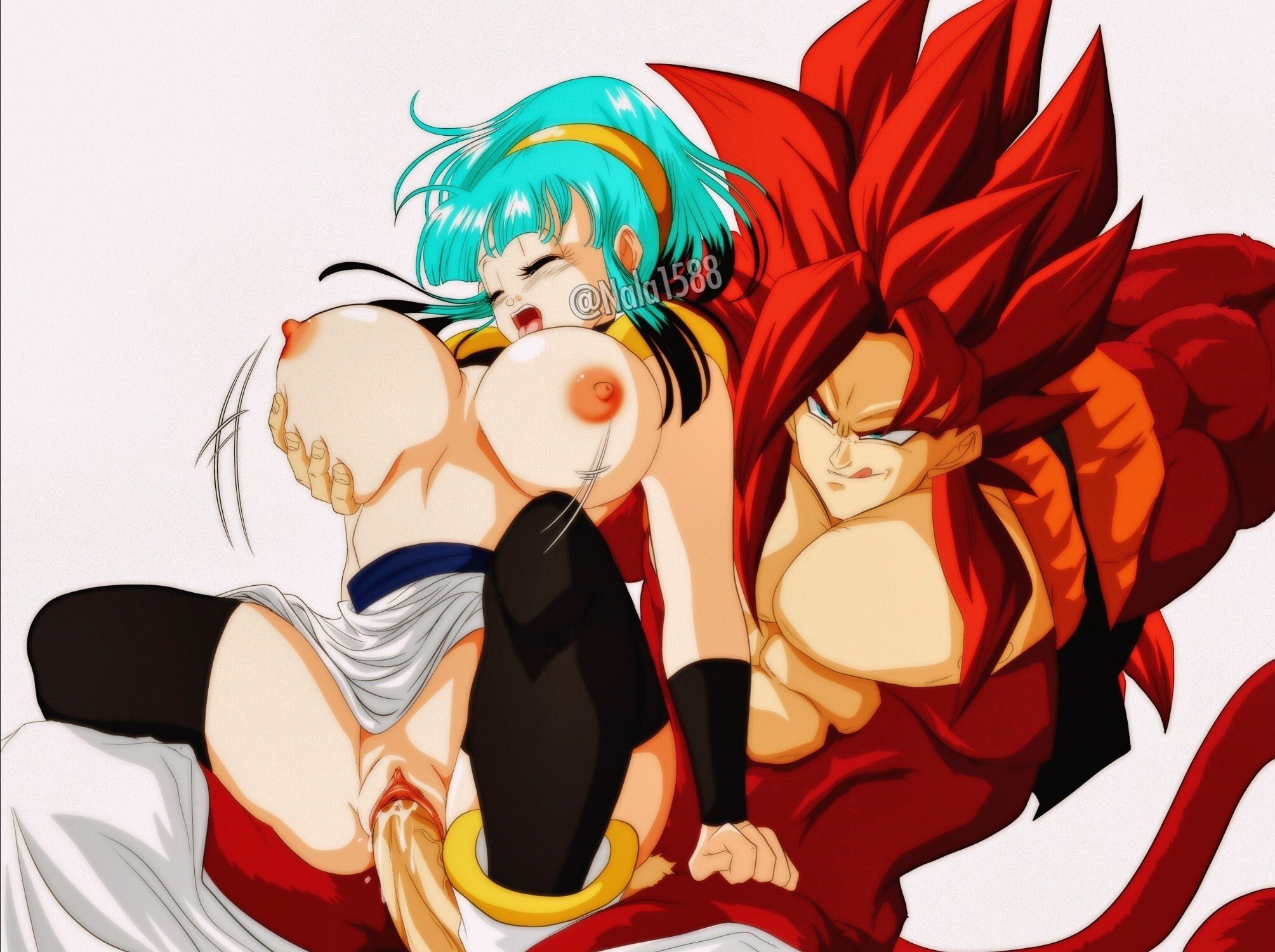 :q, 1boy, 1girls, 2020, areolae, arms behind head, big breasts, black highlights, black thighhighs, blue hair, bouncing breasts, breast grab, breasts, bulchi, bulma briefs, chichi, closed eyes, dragon ball, dragon ball gt, female, gogeta, hairband, hi res, licking lips, light blue hair, long hair, male, muscular, muscular male, nala1588, narrowed eyes, nipples, penetration, penis, pleasure face, pussy, red hair, sex, sitting on penis, smiling, son goku, spiked hair, super saiyan 4, tail, thighhighs, vaginal penetration, vegeta, white background
