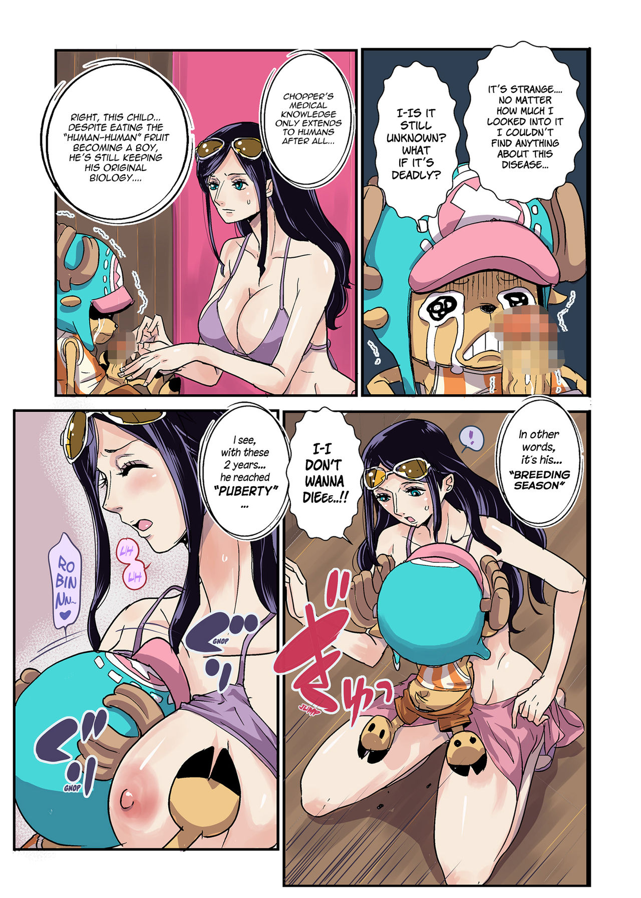 ass, big ass, big butt, big penis, bikini, blue eyes, breasts, doujin, doujinshi, eyewear on head, female, groping, huge ass, huge butt, kakutou oukoku, large ass, long hair, male, nico robin, nipples, one piece, penis, penis out, text, tony tony chopper