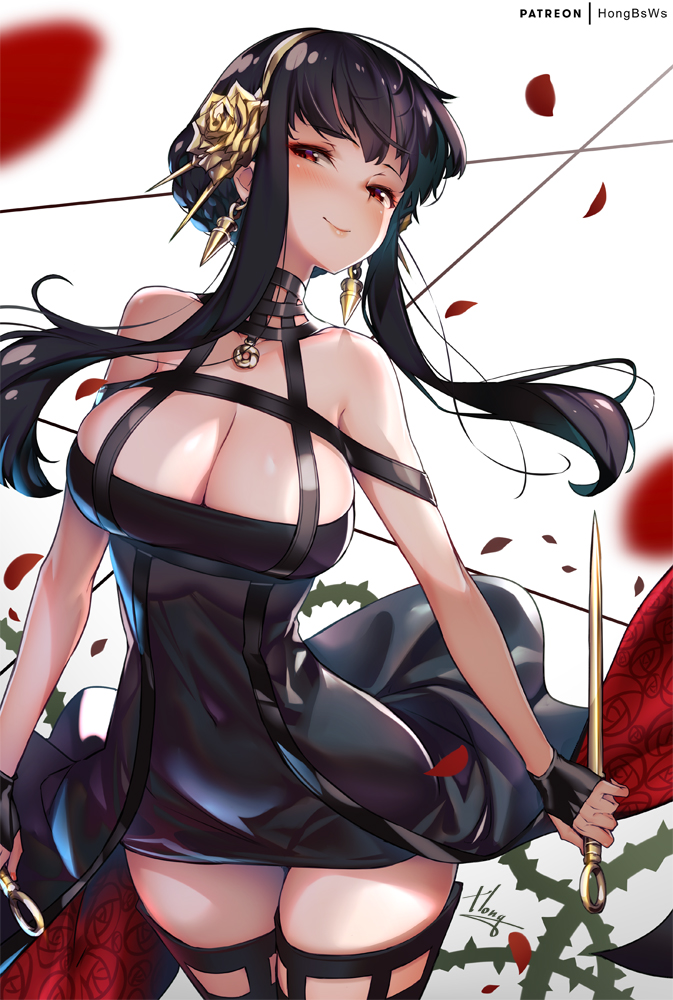 1girls 2022 assassin big_breasts black_dress black_hair breasts cleavage cloverworks curvy curvy_female dress female female_only hair_ornament hong_(white_spider) knives looking_at_viewer red_eyes rose shounen_jump shounen_jump+ slim_waist smile solo spy_x_family stiletto_(weapon) thick_thighs thorn_princess thorns wit_studio yor_briar yor_forger