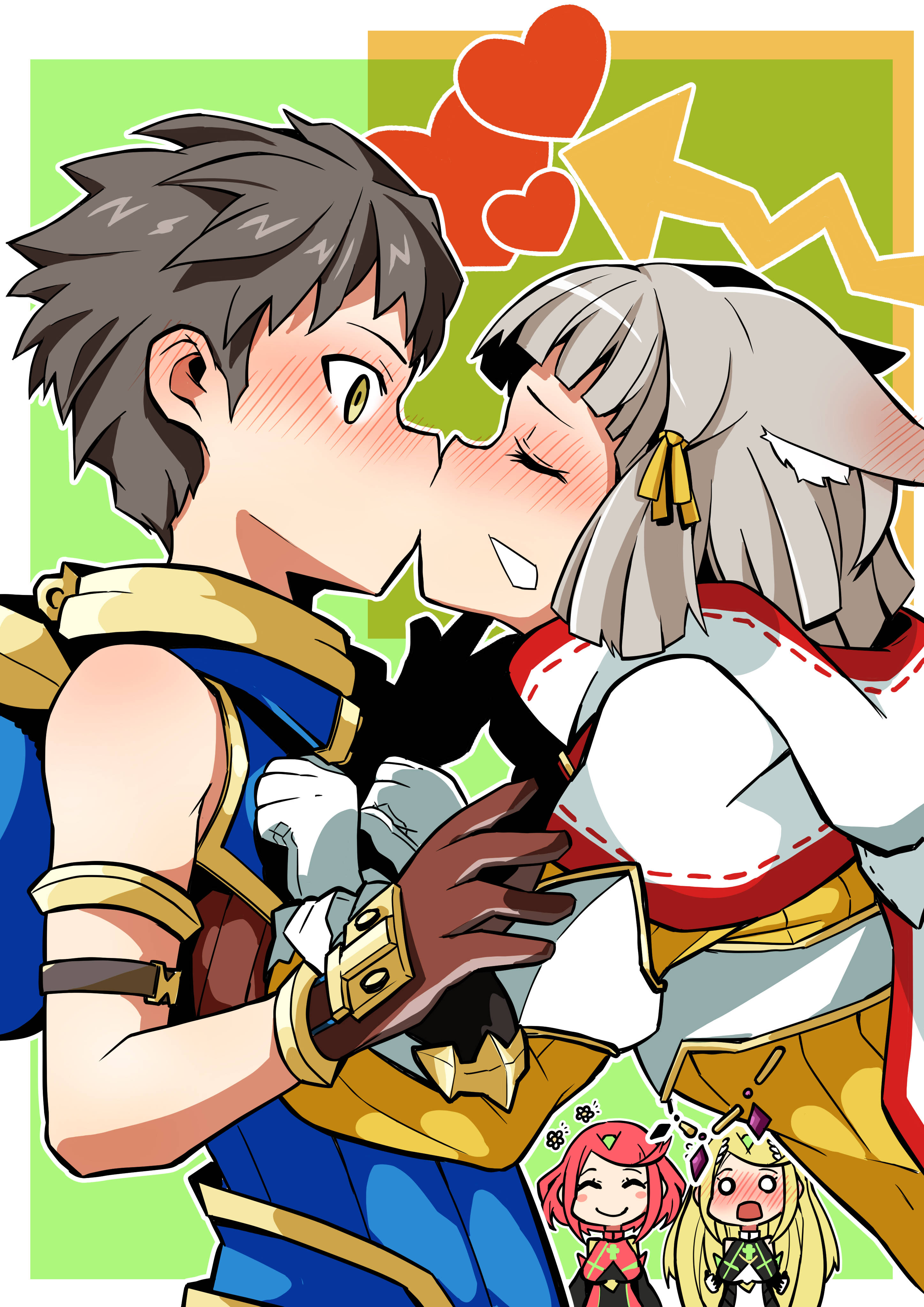 adorable, blush, blushing, character in background, female, kissing, love heart, mythra, nia, nia (xenoblade), nightwitch, passionate, pyra, rex (xenoblade), sweet, tagme, wholesome, xenoblade (series), xenoblade chronicles 2