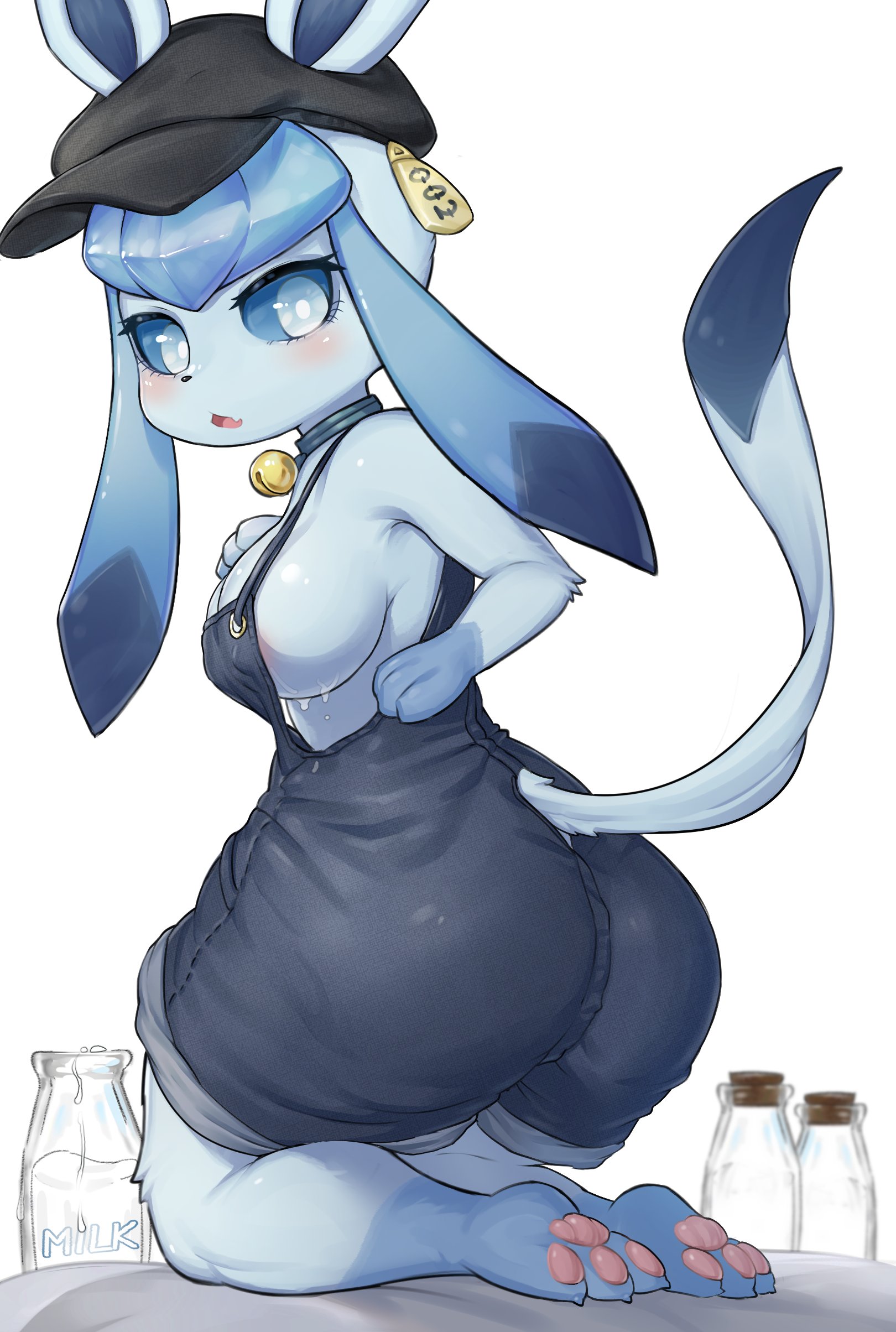 anthro, blue eyes, blue skin, breasts, cowbell, female, furry, game freak, glaceon, hat, healingpit, long ears, milk, nintendo, overalls, pokémon (species), pokemon, pokemon (species), pokemon dppt, sideboob
