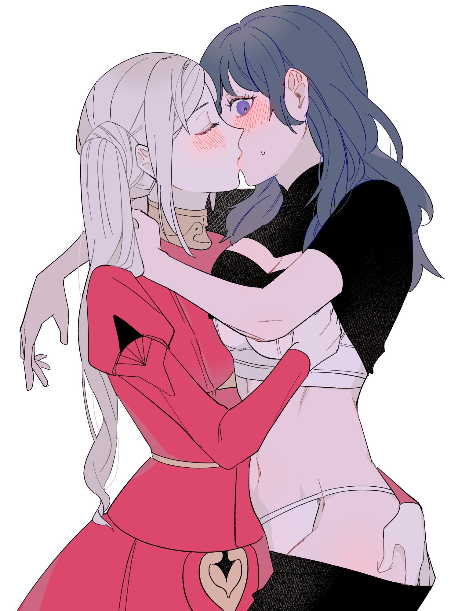 2girls, ass, bang gu9, blush, bra, breasts, byleth (fire emblem), byleth (fire emblem) (female), edelgard von hresvelg, female, fire emblem, fire emblem: three houses, hand on ass, hand on breast, kiss, kissing, long hair, nintendo, panties, post-timeskip, side ponytail, underwear, undressing, undressing another, undressing partner, white panties, yuri