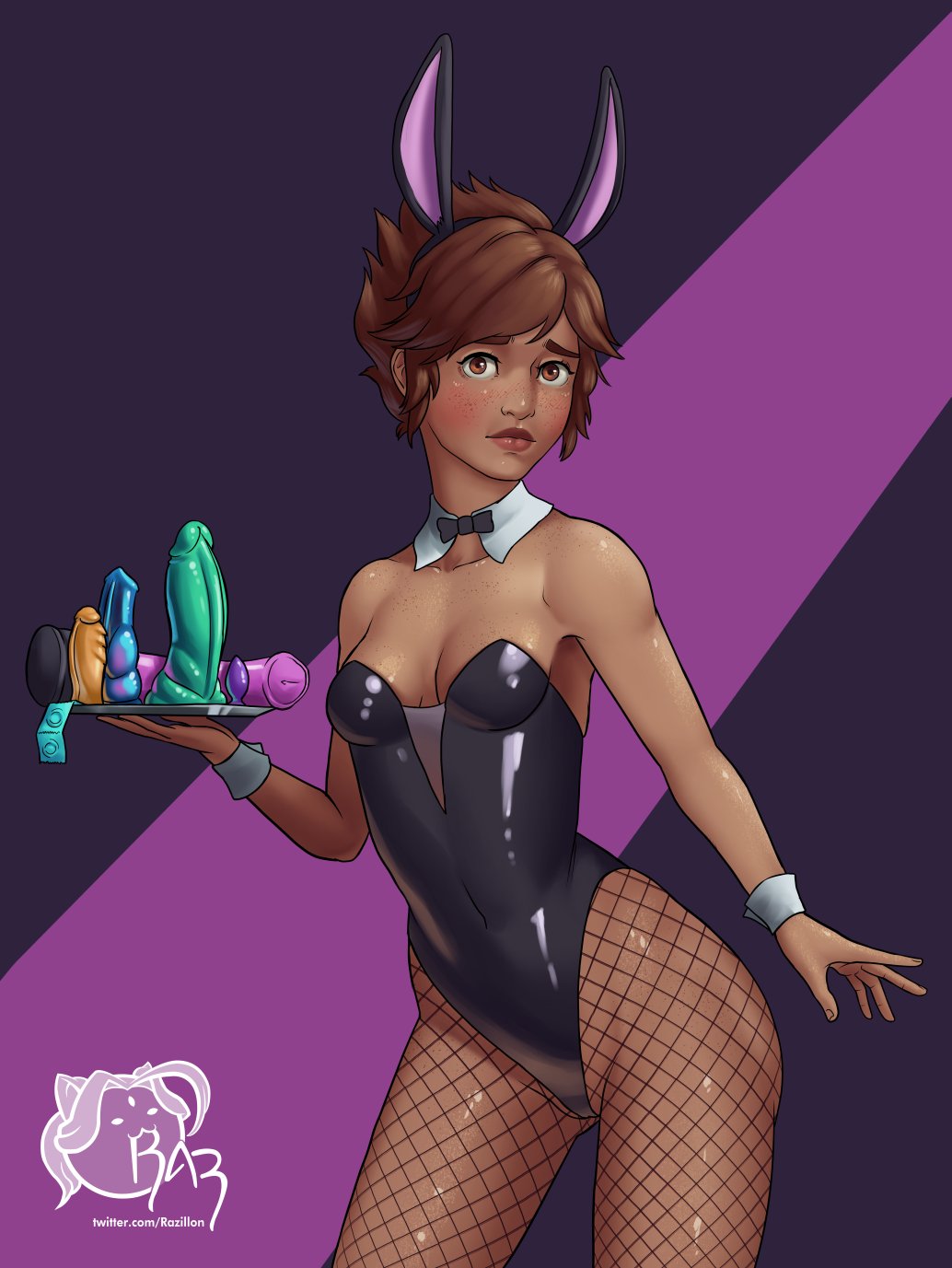 1girls armwear background blush bow bowtie breasts brown_eyes brown_hair bunny_ears bunnysuit cleavage clothed clothed_female clothing condom condom_wrapper dark-skinned_female dark_skin dildo embarrassed eyes female female_only fishnets freckles fully_clothed hair holding_object holding_plate human human_only league_of_legends leotard looking_at_viewer neckwear open_eyes plate playboy_bunny purple_background razillon revealing_clothes sad sex_toy shiny_clothes shiny_skin short_hair simple_background skimpy_clothes small_breasts solo standing taliyah tight_clothing worried