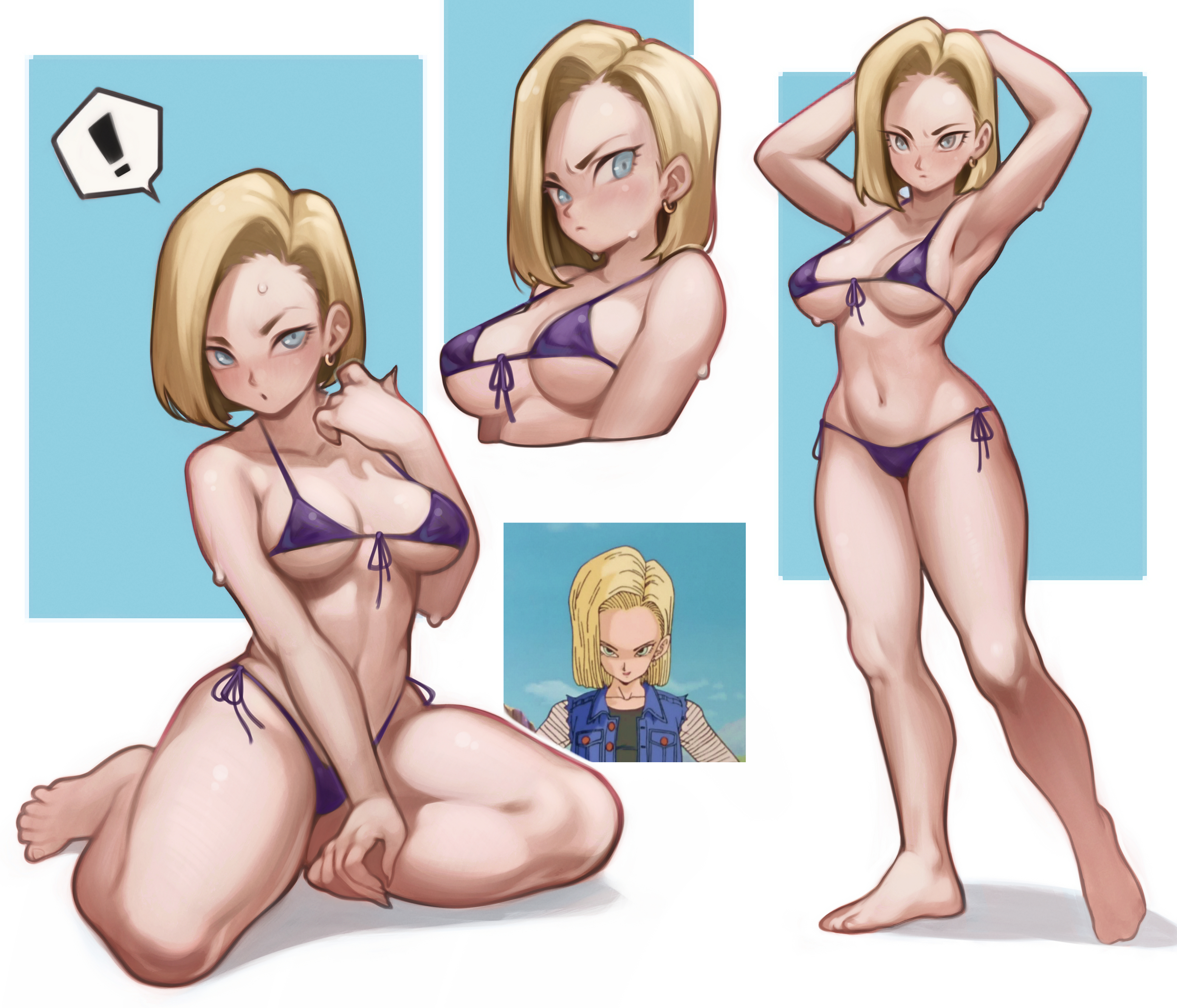 1girls, android, android 18, armpits, bikini, blonde hair, blue eyes, breasts, dragon ball, dragon ball z, eye contact, female, female focus, female only, lentiyay, looking at viewer, multiple views, short hair, solo, standing, thick thighs