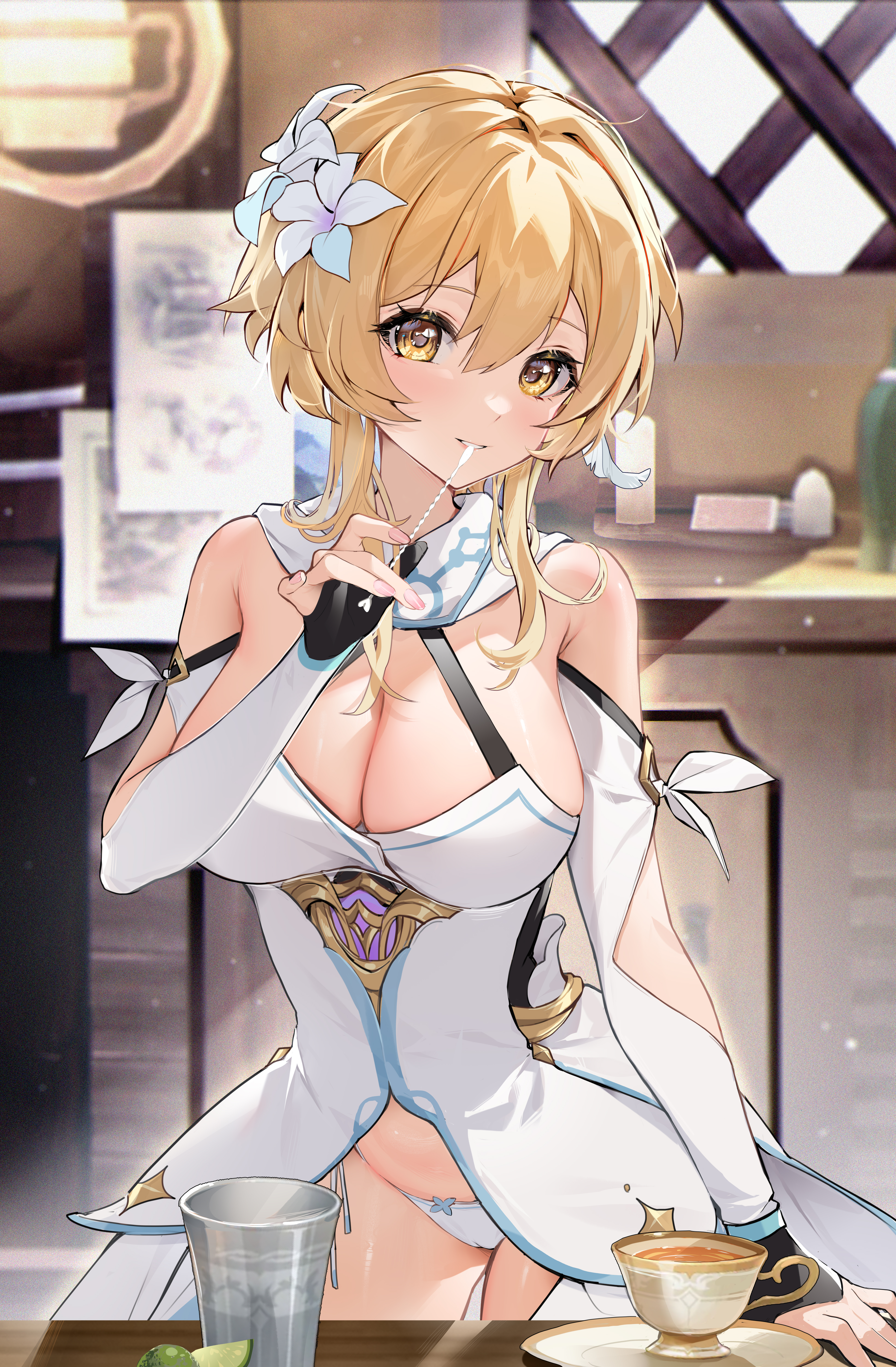 big breasts, blonde hair, breasts, clothing, dress, female, flower, genshin impact, houkiboshi (mmjw7432), large breasts, lumine (genshin impact), panties, short hair, white panties, yellow eyes