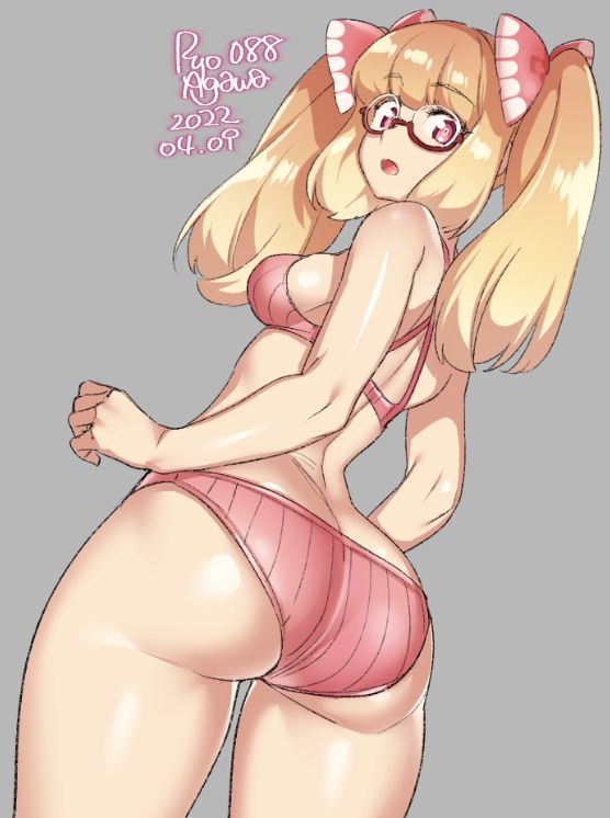 ass, ass cleavage, ass crack, ass focus, bangs, blonde hair, blunt bangs, bow, bra, breasts, butt crack, cowboy shot, dated, female, from behind, from below, glasses, gradient hair, grey background, hairbow, long hair, looking at viewer, looking back, multicolored hair, open mouth, original, panties, pink bra, pink eyes, pink panties, ryo agawa, semi-rimless eyewear, shiny, shiny hair, shiny skin, sideboob, sidelocks, signature, simple background, solo, standing, thighs, twintails, underwear, underwear only
