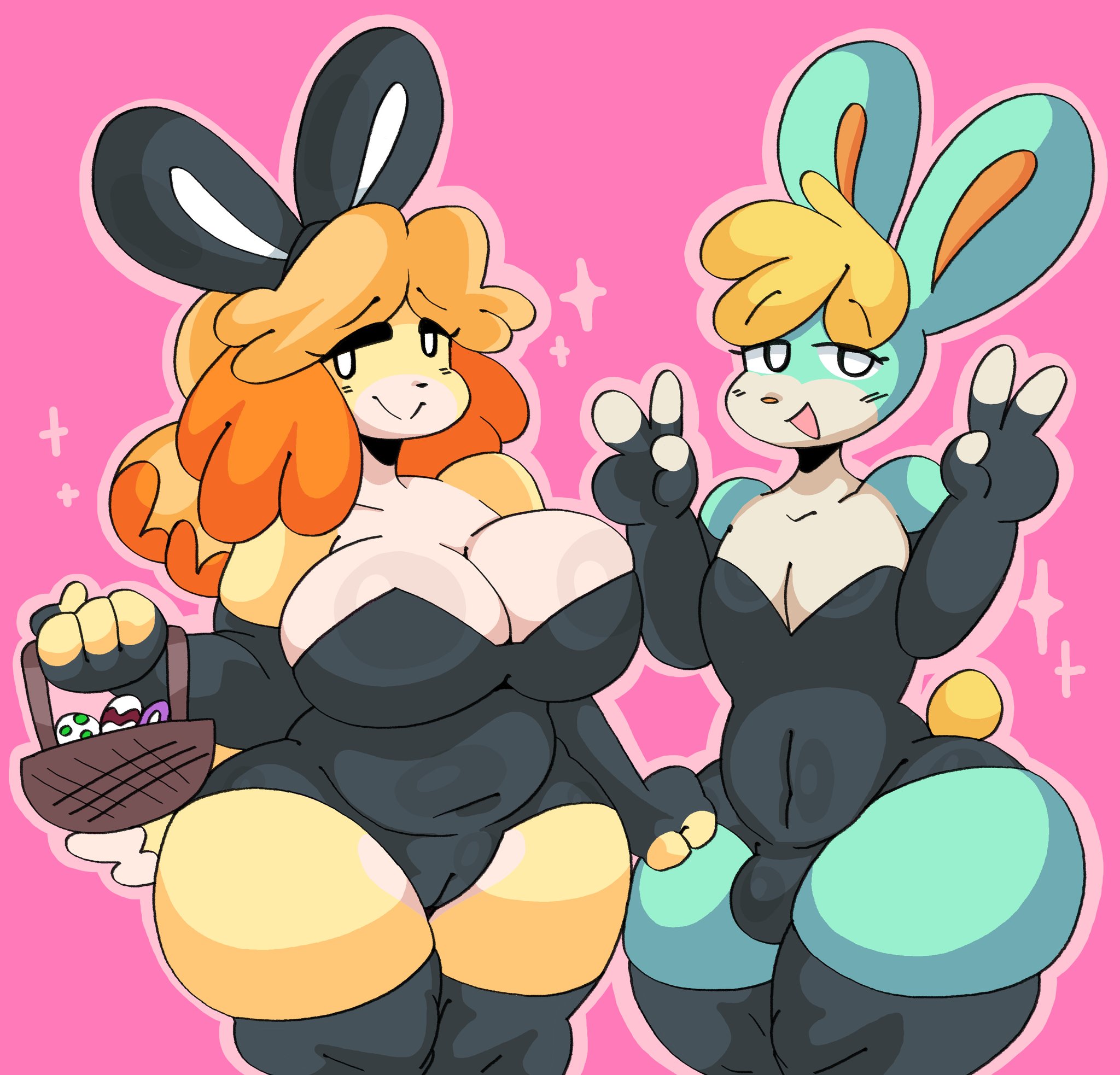 1femboy, 1girls, animal crossing, anthro, big areola, big breasts, big nipples, breasts, bulge, bunny girl, bunnysuit, canid, canine, canis, clothed, clothing, dork boi, duo, female, femboy, fur, furry, furry only, huge areolae, huge nipples, isabelle (animal crossing), lewd dorky, male, nintendo, pussy, pussy visible through clothes, rabbit, sasha (animal crossing), tail