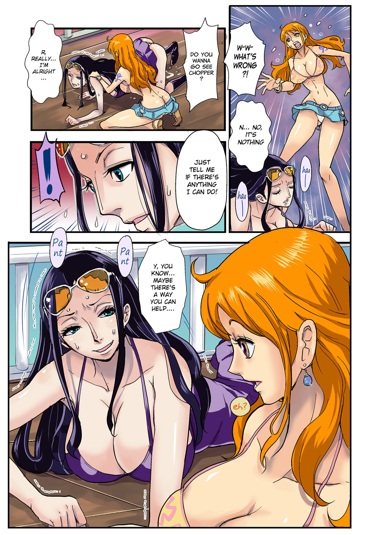 arm tattoo, ass, big ass, big butt, black hair, black hair female, blue eyes, blue tattoo, breast grab, breasts, doujin, doujinshi, dress, dressrosa, eyewear on head, female, female only, huge ass, huge breasts, huge butt, kakutou oukoku, large ass, large breasts, long hair, male, nami (one piece), nico robin, nipples, one piece, orange hair, orange hair female, penis, penis out, post-timeskip, tattoo, tattoo on arm, tattooed arm, text