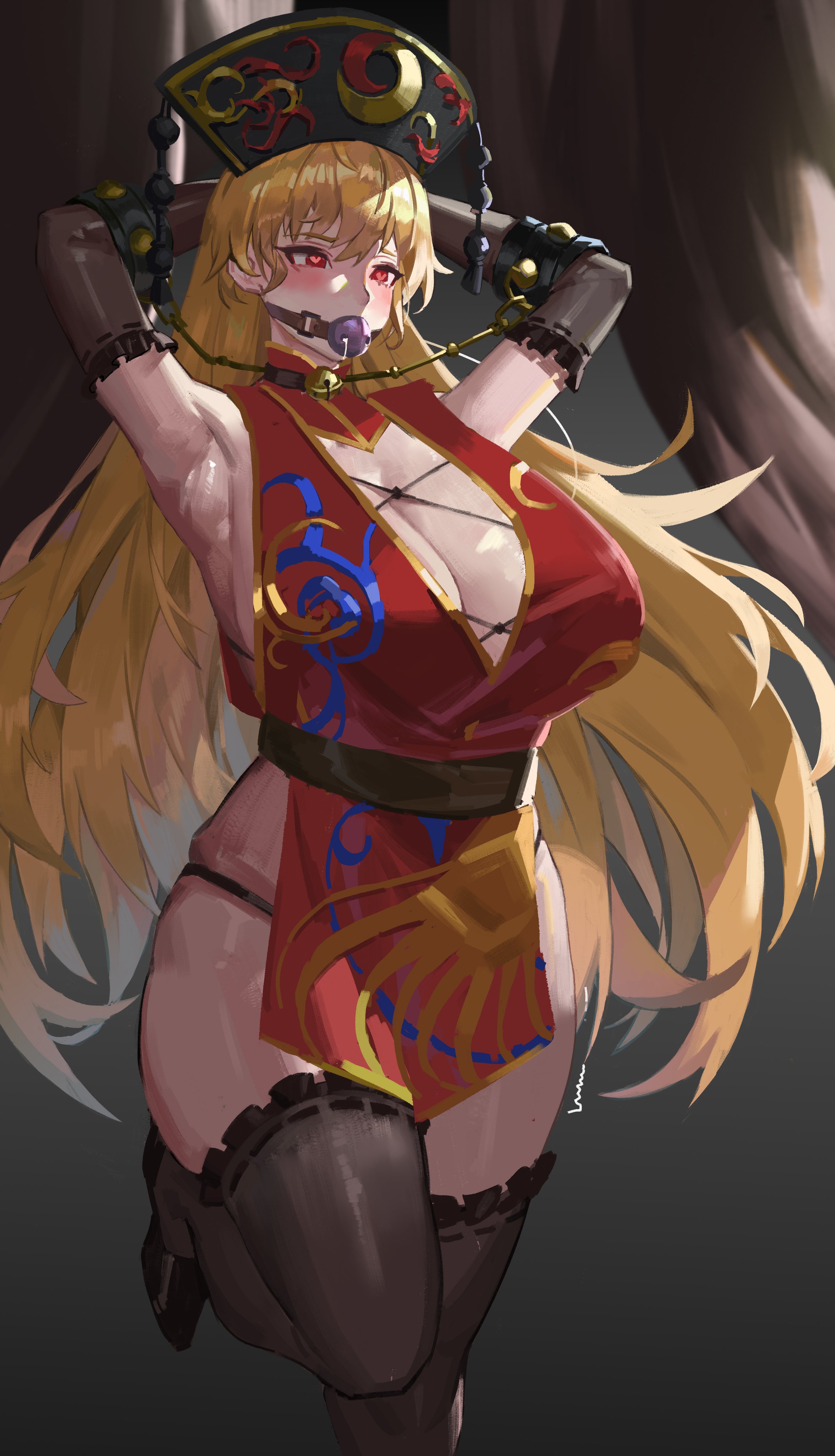 1girls, armpits, arms behind head, arms up, big breasts, blonde female, blonde hair, bondage, breasts, chains, clothed, clothing, elbow gloves, female, female only, femsub, gag, gloves, hat, heart-shaped pupils, human, junko (touhou), light skin, light-skinned female, long hair, mostly clothed, oreomanko, red eyes, solo, standing, thick thighs, thighhighs, touhou, wide hips