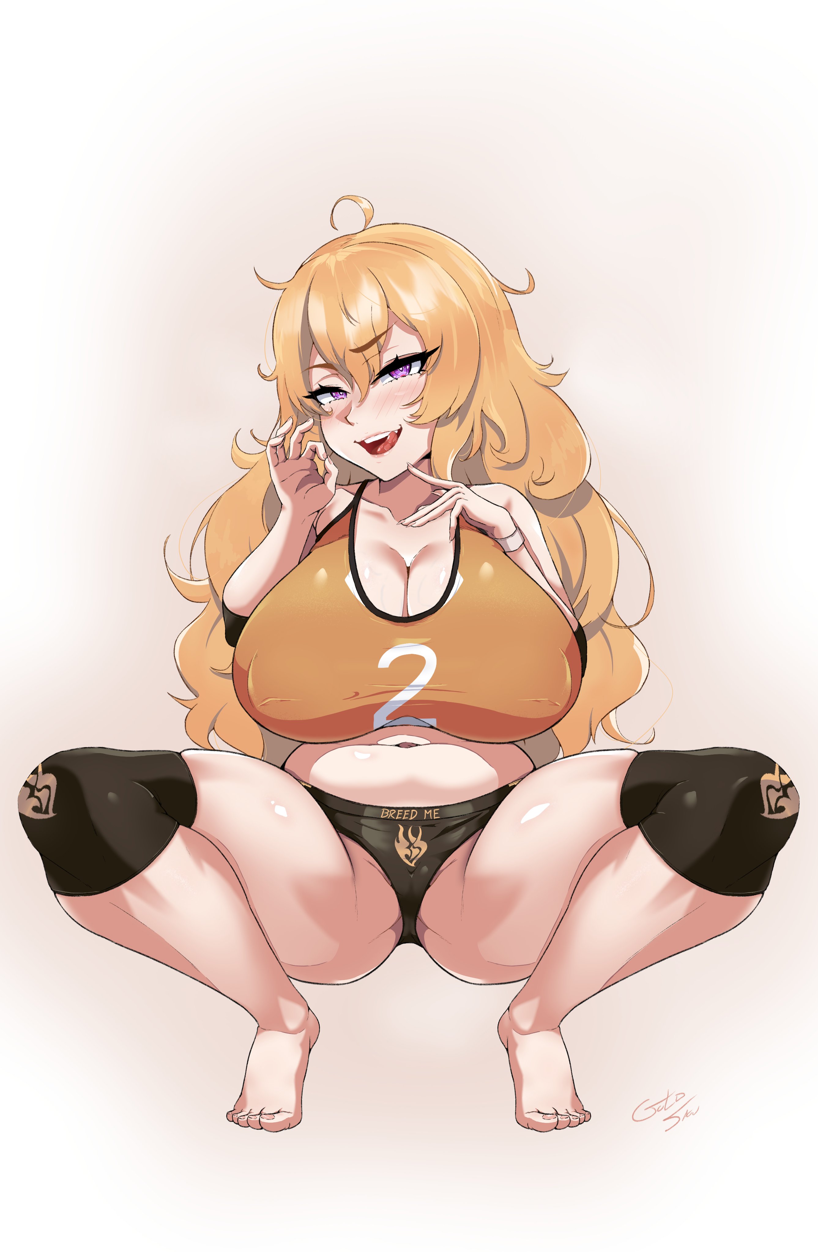 1girls, b1ackgoldsaw, big breasts, blush, borrowed design, breasts, eye contact, feet, female, female focus, female only, huge breasts, long hair, looking at viewer, nipple bulge, oral invitation, pink eyes, rwby, solo, squatting, sweat, sweatdrop, thick thighs, thighs, yang xiao long