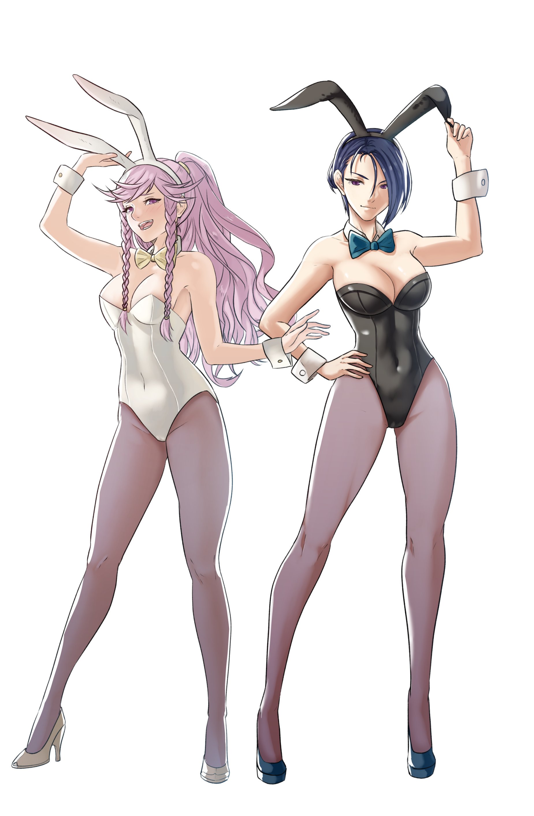 2d, 2girls, absurdres, alternate costume, bare arms, bare shoulders, big breasts, blue hair, bowtie, bowtie collar, braid, breasts, bunny ears, bunny girl, bunnysuit, cleavage, detached collar, female, female only, fire emblem, fire emblem awakening, fire emblem: three houses, high heels, highres, large breasts, leotard, long hair, looking at viewer, multiple females, multiple girls, nintendo, olivia (fire emblem), pantyhose, playboy bunny, pomelomelon, ponytail, purple eyes, shamir nevrand, short hair, smile, twin braids, white background