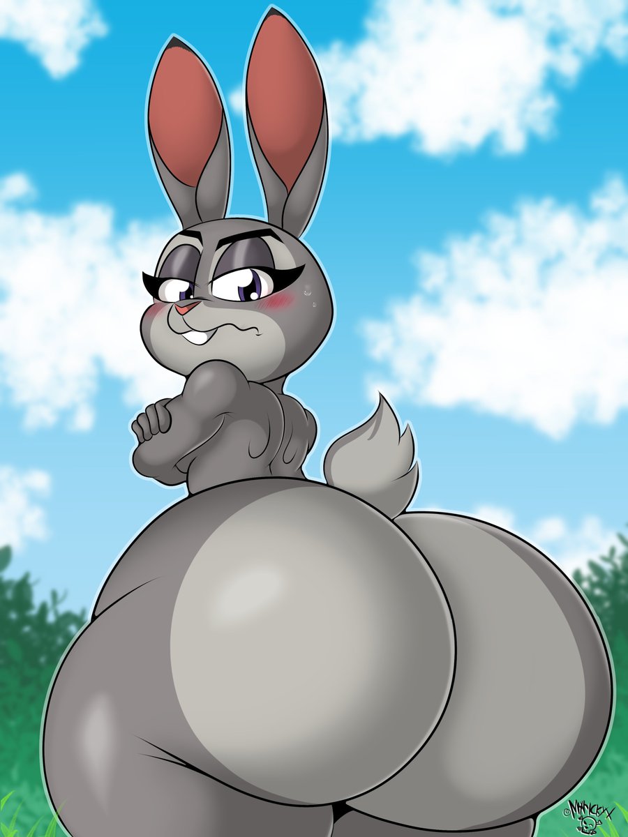 2022, anthro, arms crossed, ass, big ass, big butt, blush, bottom heavy, breasts, buckteeth, cloud, covering breasts, day, disney, fat ass, female, fingers, gigantic ass, hi res, huge ass, huge butt, judy hopps, lagomorph, leporid, looking at viewer, looking back, looking back at viewer, mammal, mrxrickyx, nude, outside, purple eyes, rabbit, round ass, scut tail, short tail, solo, tail, zootopia