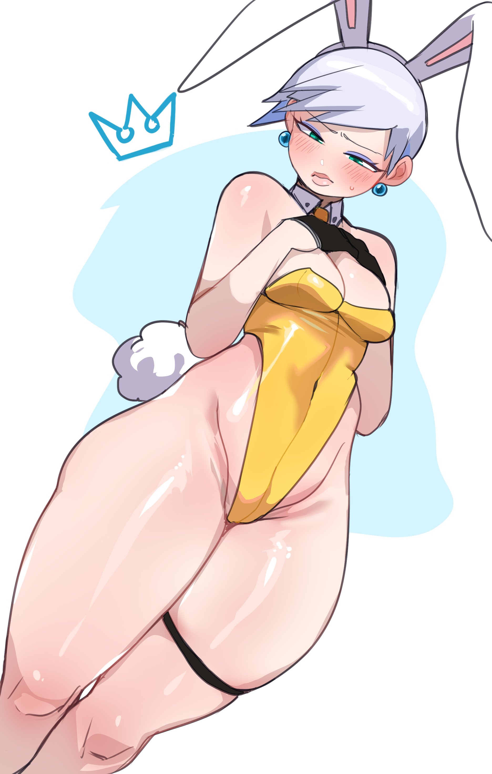 1girls, 2022, blue eyes, blush, breasts, bunny ears, bunny girl, bunny tail, bunnysuit, embarrassed, fan character, female, female only, hi res, hips, kingdom hearts, leotard, lightsource, milf, riku's mom, short hair, simple background, slim waist, small breasts, thick thighs, thighs, white hair, wide hips, yellow leotard