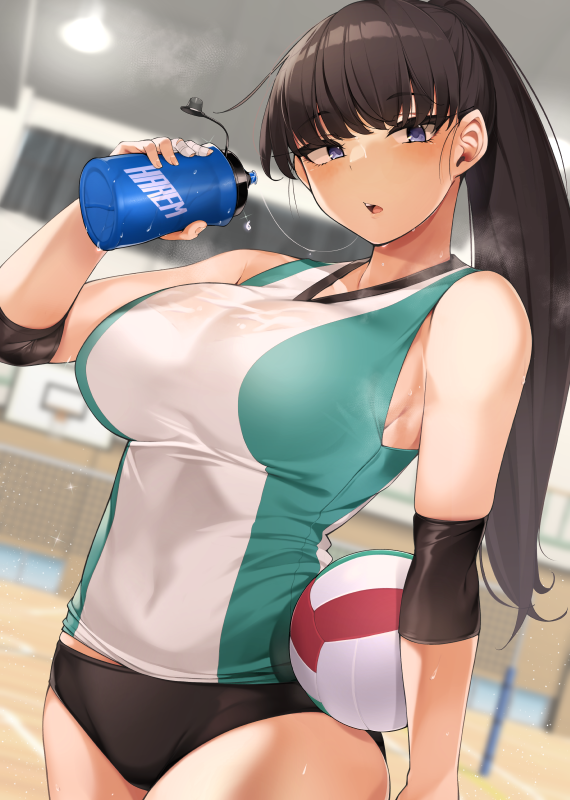 big_breasts blue_eyes blurred_background breasts female female_only jovejun light-skinned_female light_skin ponytail shuumatsu_no_harem sports_uniform sportswear toudou_akira_(shuumatsu_no_harem) water_bottle water_drop wet wet_clothes wet_clothing wet_shirt