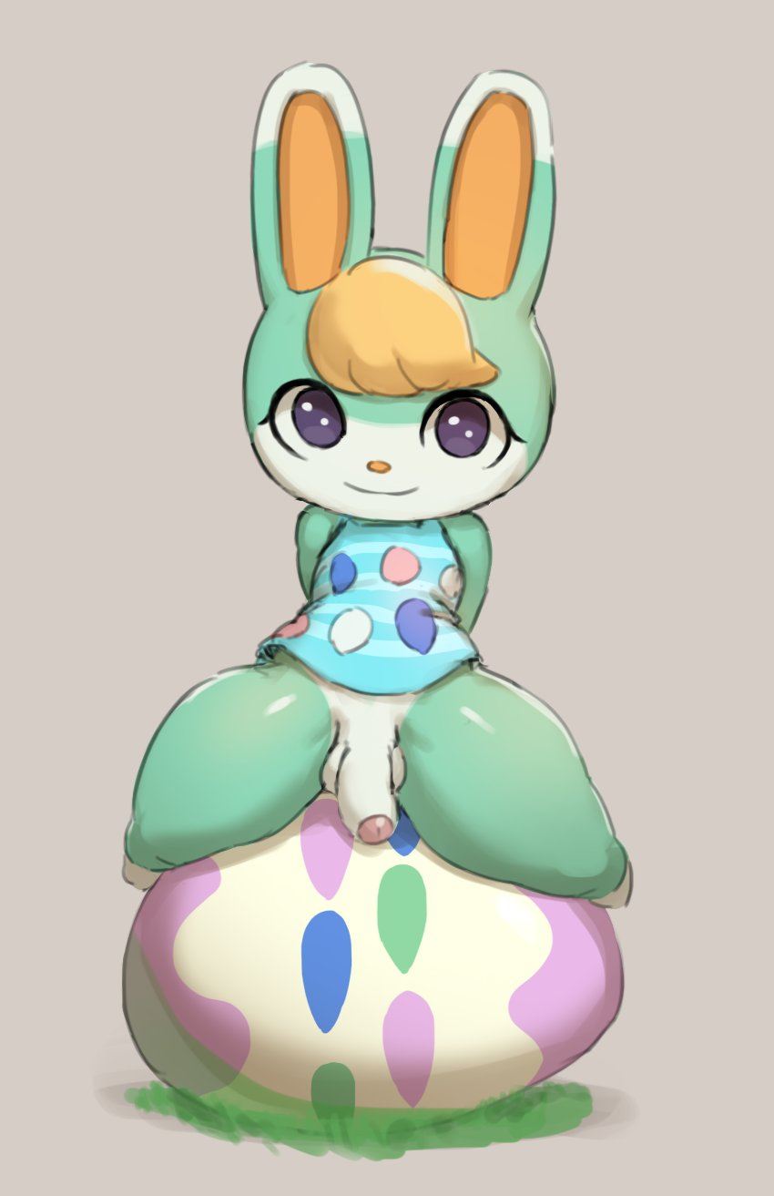 animal_crossing anthro balls bottomless clothed clothing dippsheep dress easter egg foreskin genitals hi_res holidays lagomorph leporid looking_at_viewer male mammal nintendo penis rabbit sasha_(animal_crossing) short_dress sitting sitting_on_egg smile solo thick_thighs topwear video_games