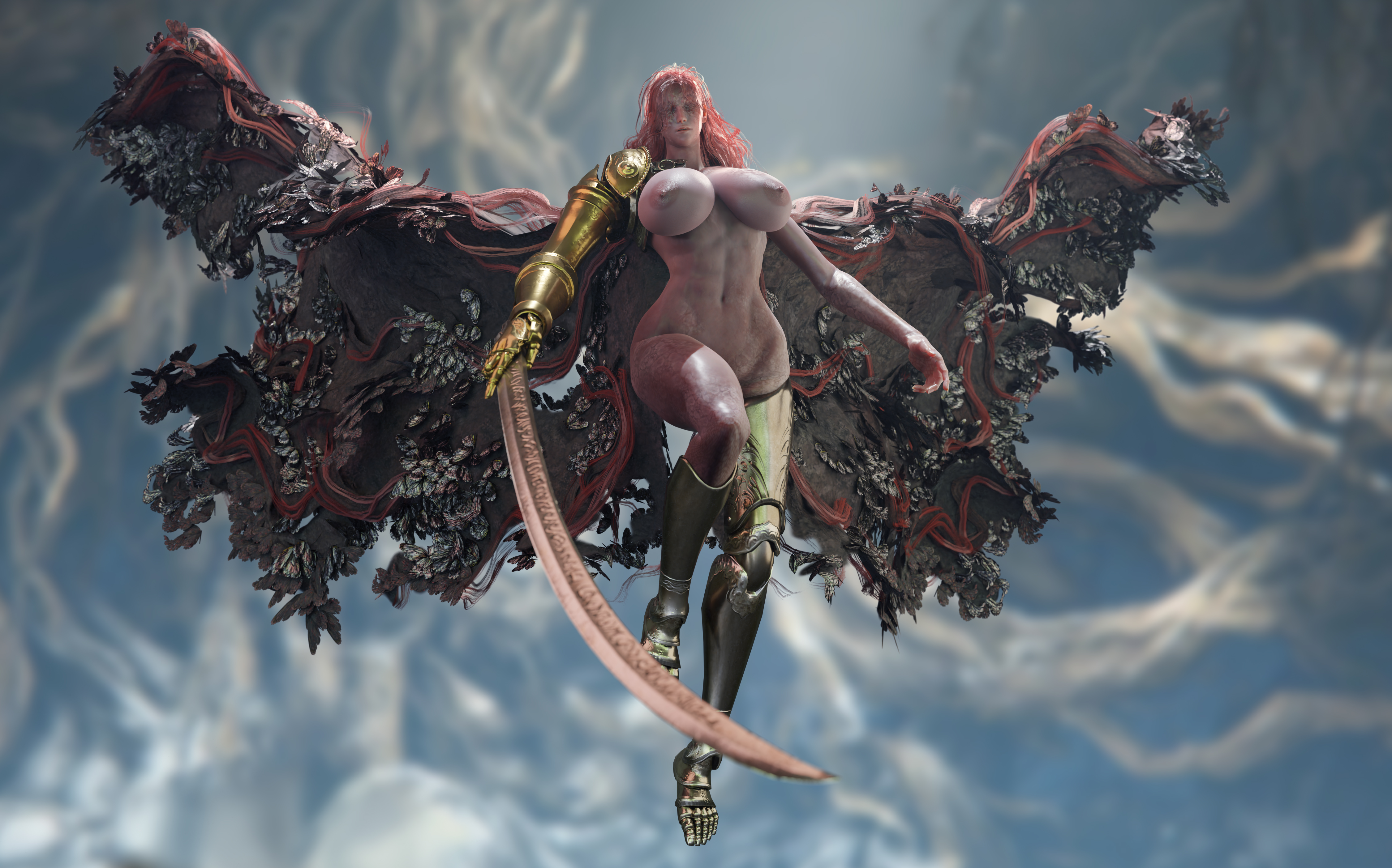 1girls, 3d, abs, absurd res, barefoot, batesz, breasts, elden ring, female, female only, fromsoftware, hi res, huge breasts, malenia blade of miquella, muscular, muscular female, solo, solo female, sword, wide hips