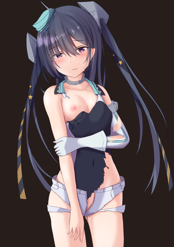 7shina_esprmo aqua_headwear black_ribbon black_swimsuit competition_swimsuit covered_navel female garrison_cap gloves grey_eyes grey_hair hair_ornament hat highleg highleg_swimsuit kantai_collection long_hair nipples one-piece_swimsuit one_breast_out ribbon scamp_(kantai_collection) short_shorts shorts side_ponytail solo star_(symbol) star_hair_ornament swimsuit torn_clothes torn_gloves torn_swimsuit white_gloves white_shorts