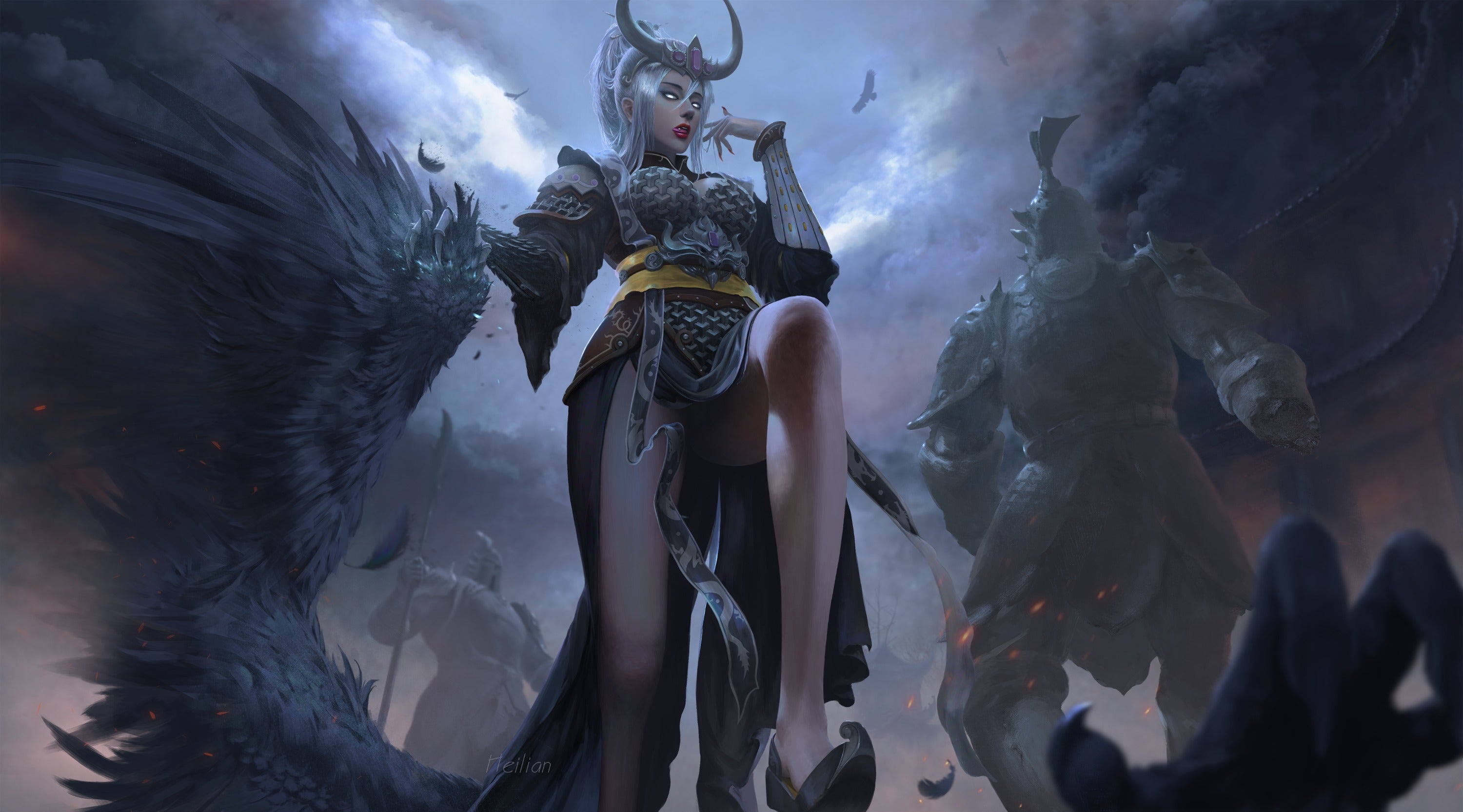 1girls, dragon, dragon humanoid, female, heilian, miao ying, realistic, warhammer (franchise), warhammer fantasy, white eyes, white hair