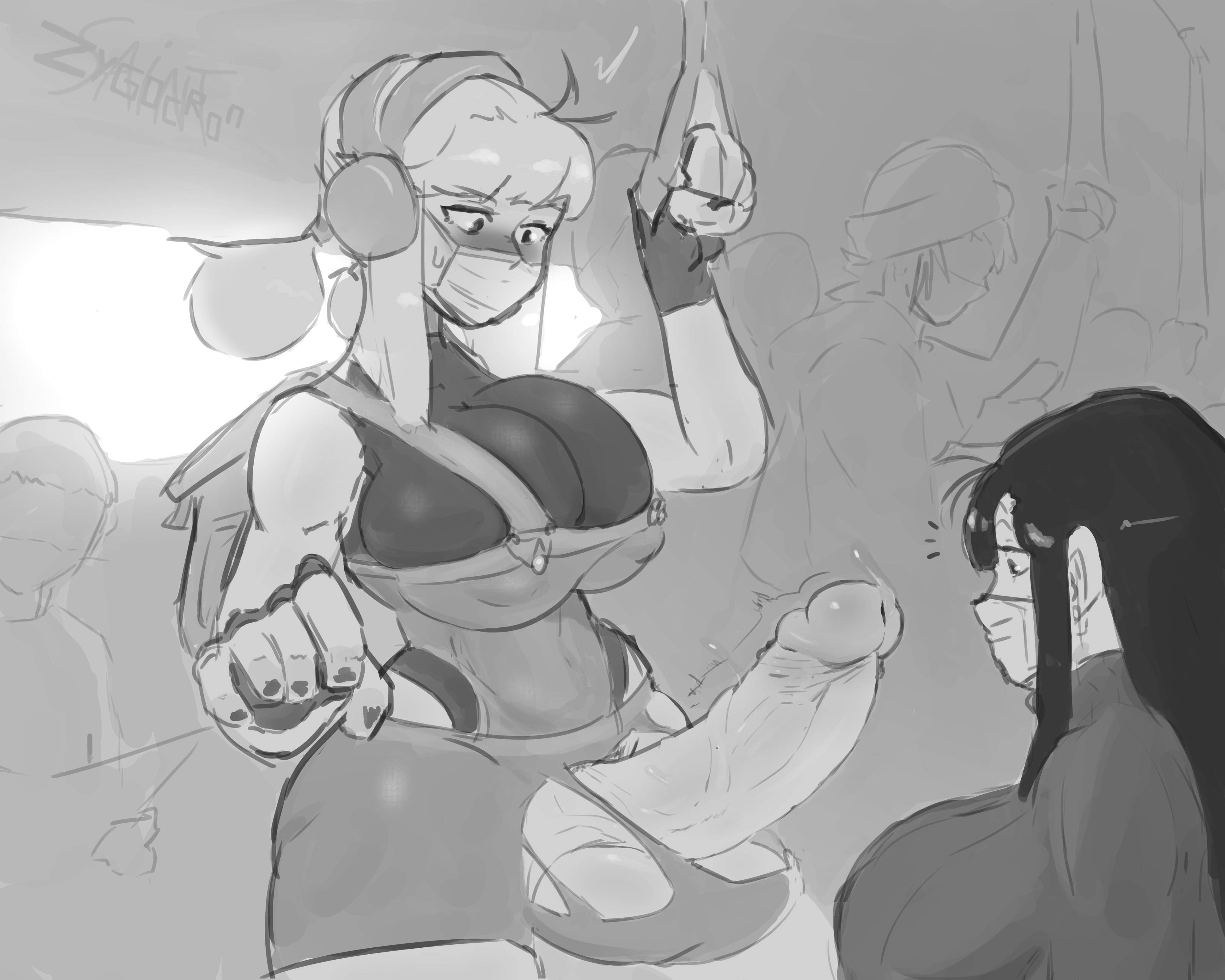 1futa, 1girls, balls, big balls, big breasts, big penis, blush, breasts, clothed, clothing, erection, face mask, female, fully clothed, futanari, huge balls, huge cock, human, intersex, large breasts, large penis, mask, monochrome, mostly clothed, penis, penis awe, precum, public, public nudity, public transportation, ripped clothing, sketch, veiny penis, wardrobe malfunction, wide hips, zygocronsaint