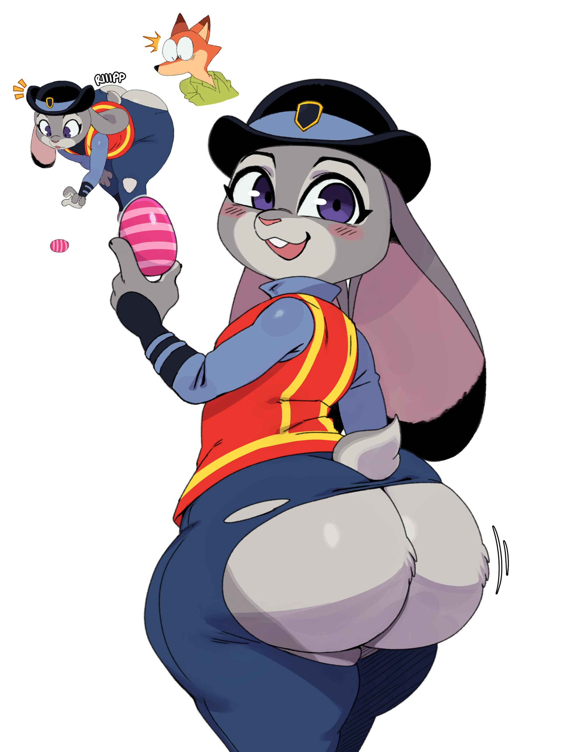 1boy, 1girls, 4 fingers, anthro, anthro only, ass, bending down, big ass, big butt, big ears, blush, bubble ass, bubble butt, bunny, clothing, disney, easter egg, egg, fat ass, female, flat chest, flat chested, furry, furry only, green clothing, green shirt, grey fur, judy hopps, large ass, looking back, male, mammal, nick wilde, police, police uniform, purple eyes, rabbit, ripped clothing, ripped pants, simple background, sssonic2, staring, staring at ass, thick, thick ass, torn bottomwear, torn clothes, torn clothing, voluptuous, white background, zootopia