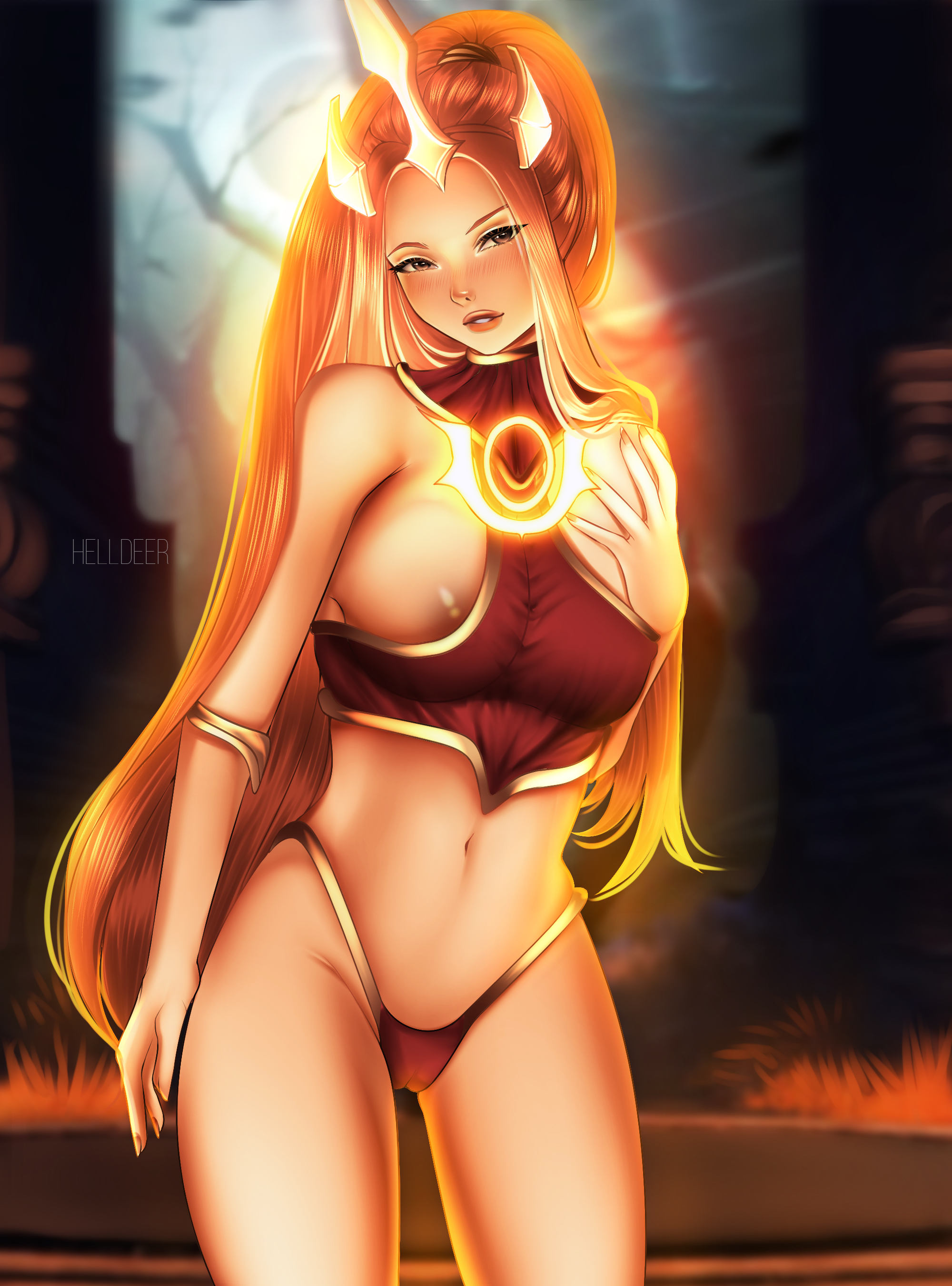1girls, blush, bra, breasts, brown eyes, dark skin, dark-skinned female, eclipse series, female, female only, ginger, glowing, helldeer, league of legends, long hair, panties, ponytail, sivir, solar eclipse sivir, thick thighs