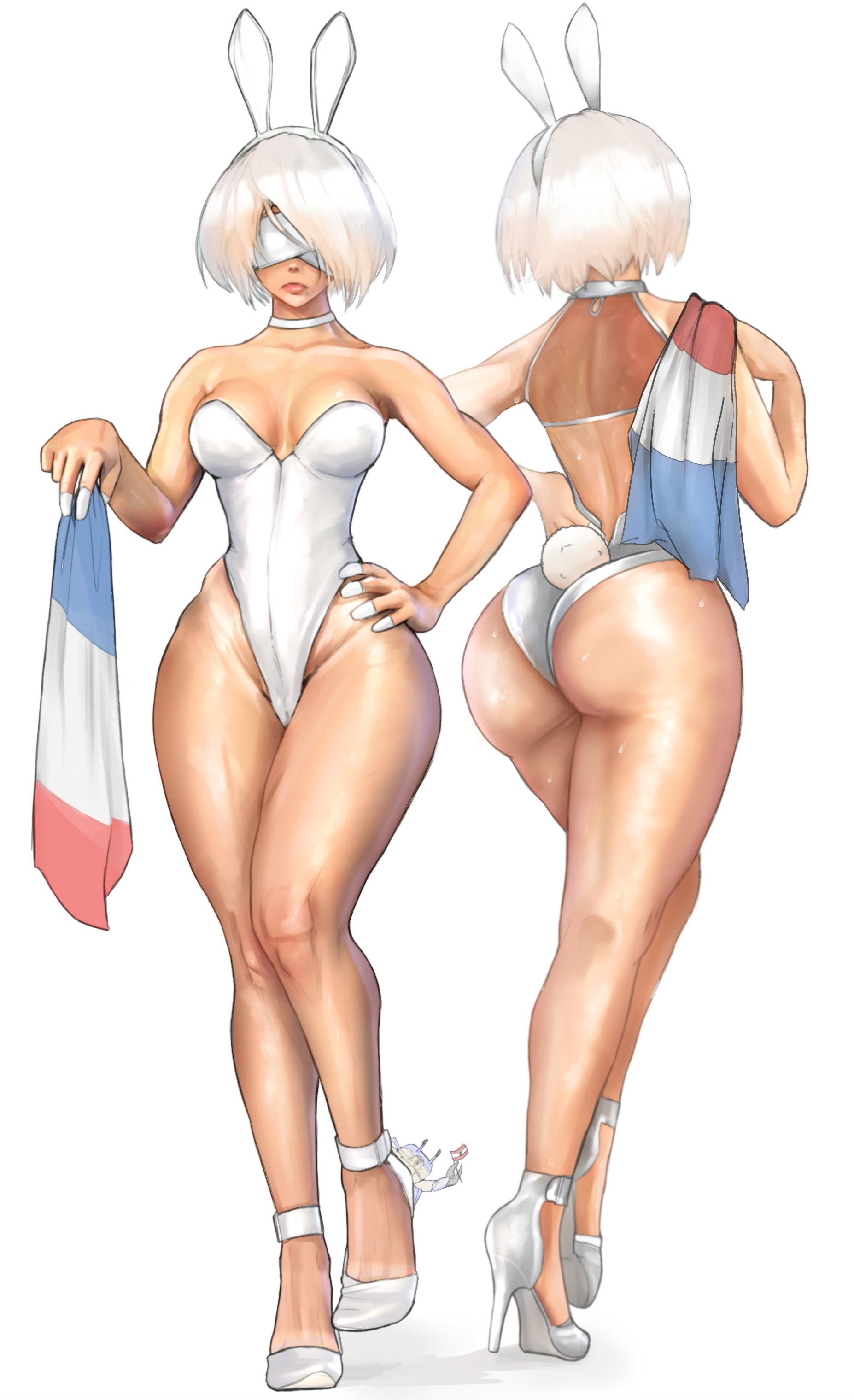 1girls, ass, big ass, big butt, blindfold, breasts, bunny ears, bunny tail, bunnysuit, emotionless, female, female only, leotard, nier, nier (series), nier: automata, solo, standing, thick thighs, white hair, yoracrab, yorha 2b