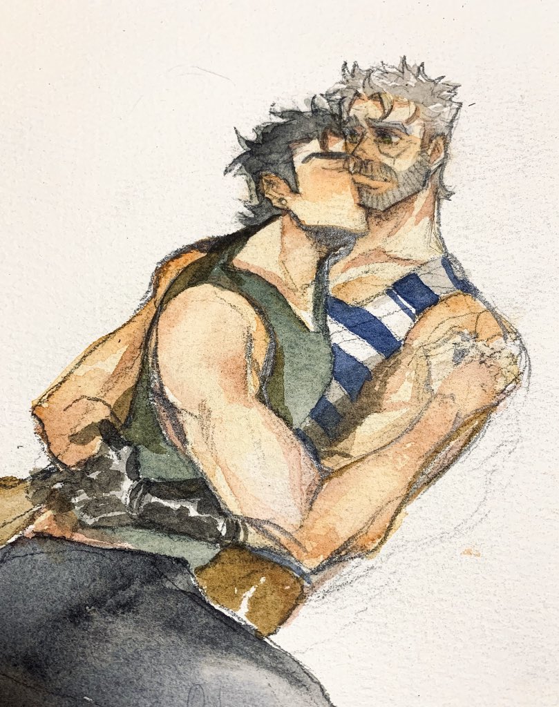 2boys beard black_hair black_pants brunet closed_eyes clothed concerned cuddle cuddling dilf earring earrings facial_hair gay gay_incest gay_kissing grandfather_and_grandson green_eyes green_shirt hand_on_back hand_on_shoulder hand_on_waist incest jijimago jojo's_bizarre_adventure joseph_joestar jotaro_kujo kissing kissing_jaw kissing_neck laying_down looking_down_at_partner lying_down lying_on_back lying_on_person lying_on_stomach magojiji muscles muscular muscular_arms muscular_male muscular_pecs old_joseph older_male pecs pectoral_cleavage pectorals prosthetic_hand salt_and_pepper_hair snuggle snuggling stardust_crusaders striped_shirt tan_pants tank_top watercolor_(artwork) wrinkles yaoi younger_male