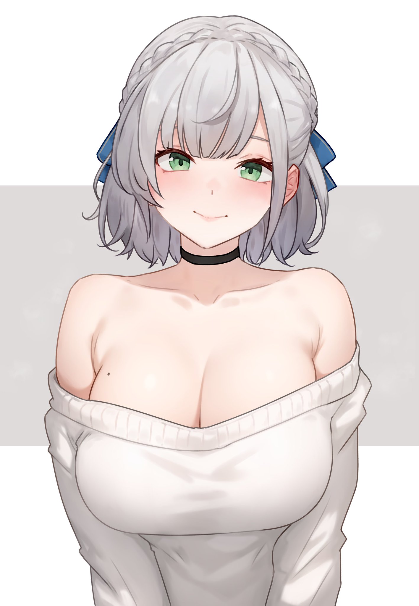 1girls, barefoot, black choker, bluefield, breasts, cleavage, closed mouth, female, green eyes, grey hair, hololive, hololive fantasy, hololive japan, large breasts, looking at viewer, medium hair, mole, mole on breast, off shoulder, off shoulder sweater, shirogane noel, solo, virtual youtuber