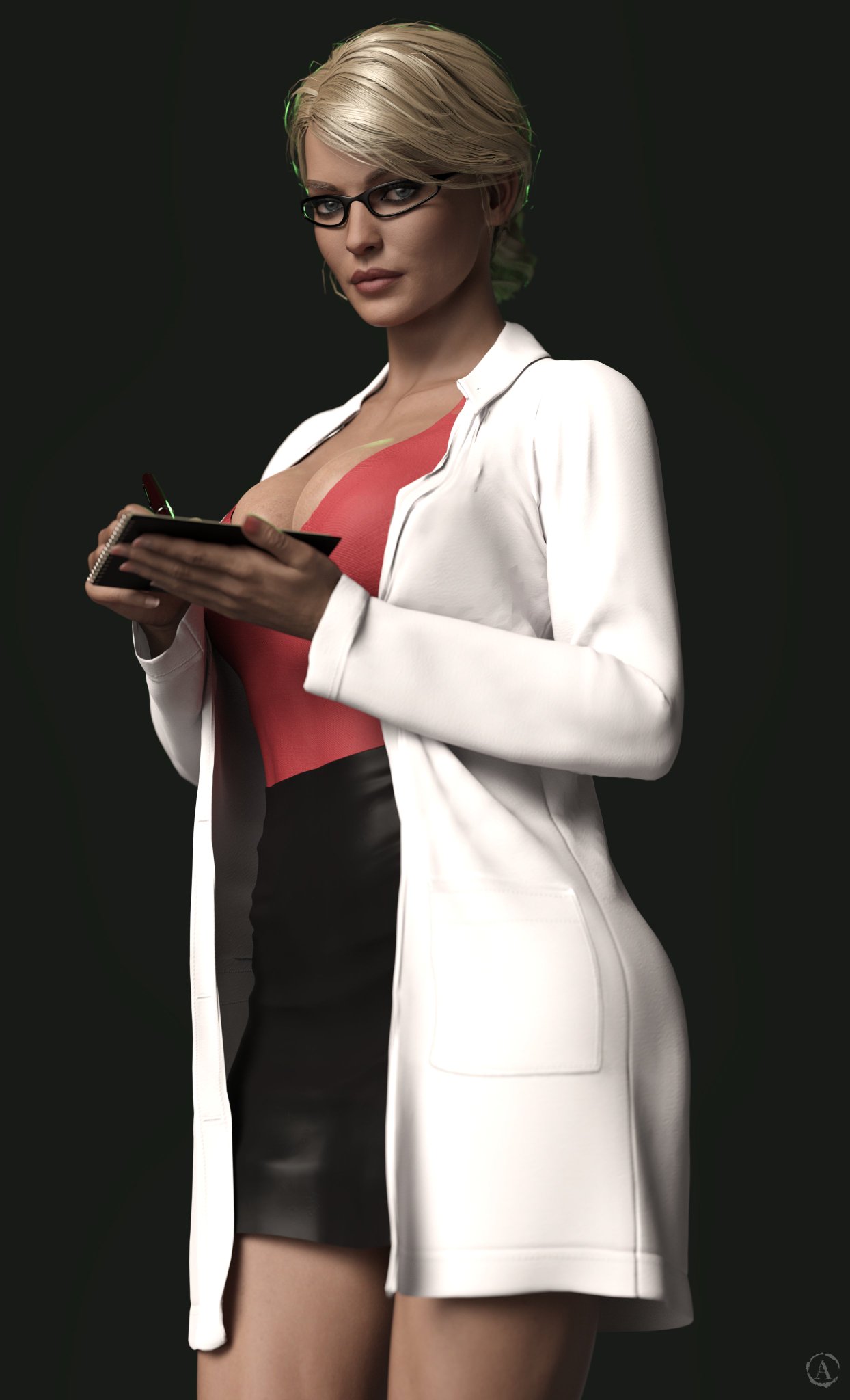 1girls, 3d, 3d (artwork), alf3d, artist logo, batman (series), big breasts, blonde hair, blue eyes, breasts, busty, dc, dc comics, dr. harleen quinzel, female, female only, fully clothed, glasses, harleen quinzel, labcoat, large breasts, light skin, light-skinned female, solo, thighs, waist, wide hips, wide thighs