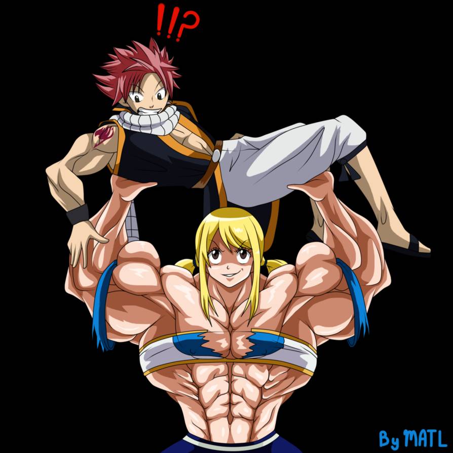 abs biceps blonde_hair fairy_tail female hair lucy_heartfilia male matl muscles muscular muscular_arms muscular_female natsu_dragneel needs_breasts pecs