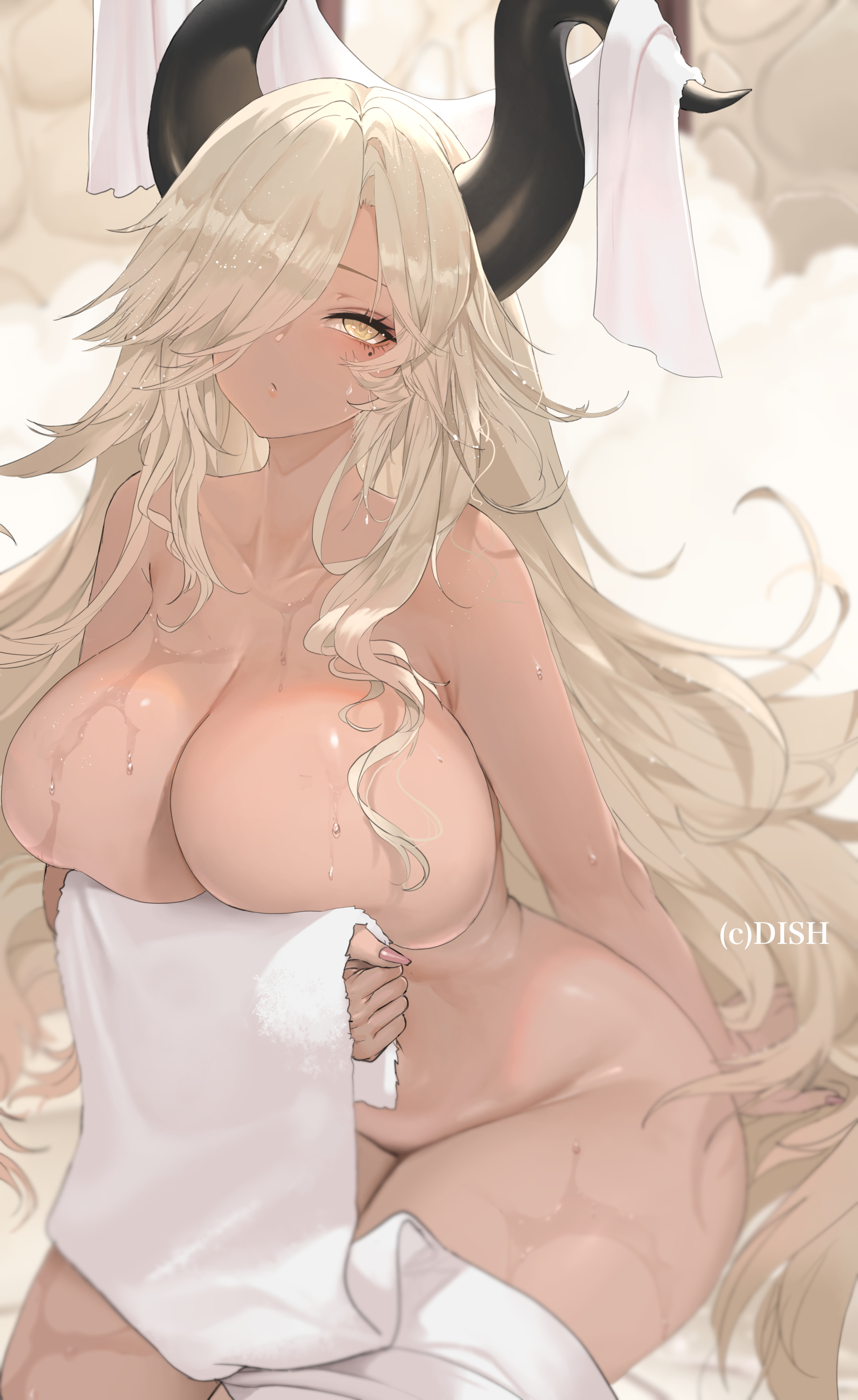 1girls, azur lane, blonde hair, breasts, covering breasts, dishwasher1910, female, gyaru, hair over one eye, horns, large breasts, long hair, owari (azur lane), tan, tan-skinned female, tanned skin, thick thighs, yellow eyes
