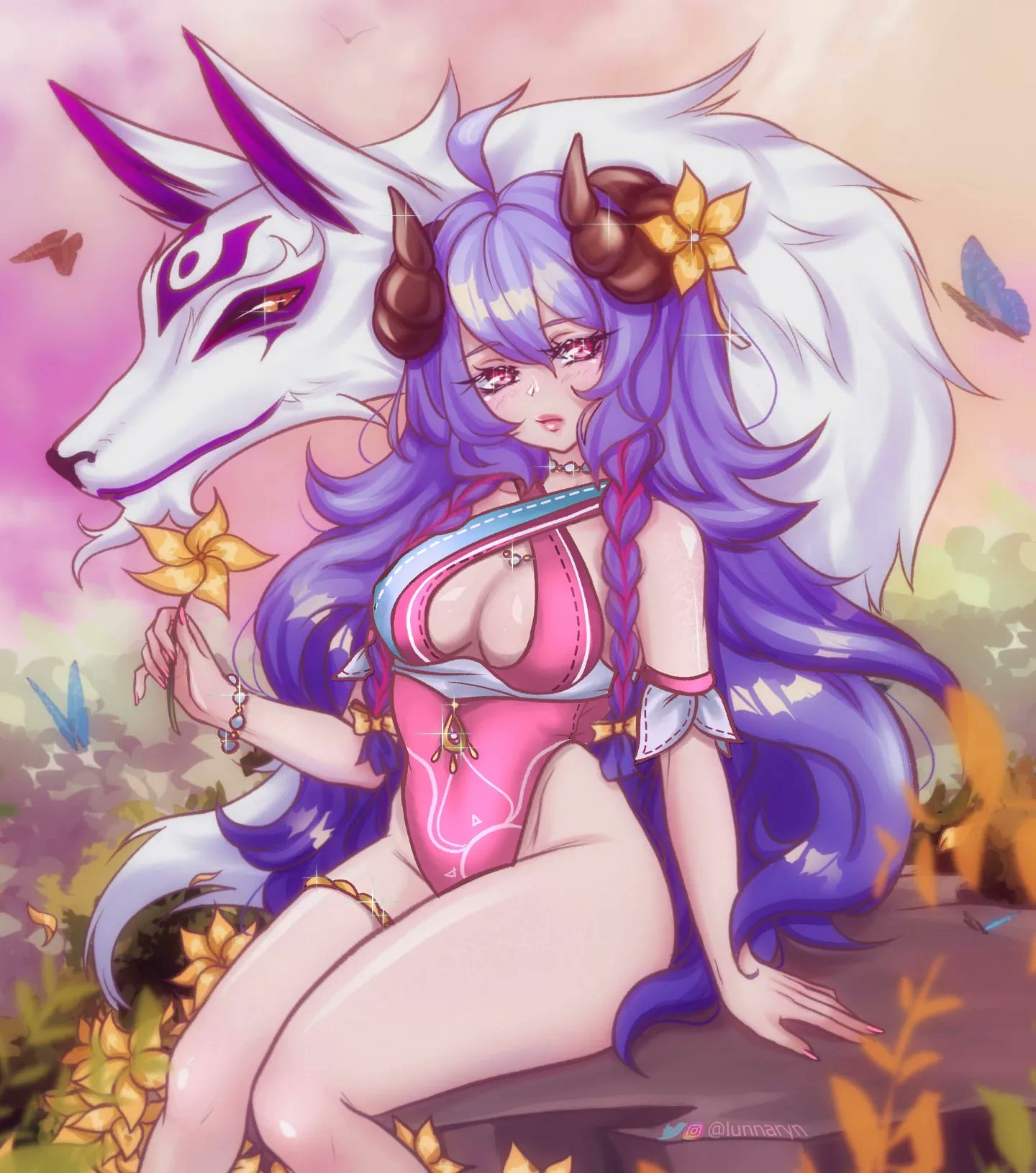 1girls female female_focus female_only kindred lamb_(league_of_legends) league_of_legends lunnaryart spirit_blossom_kindred spirit_blossom_series swimsuit wolf_(league_of_legends)