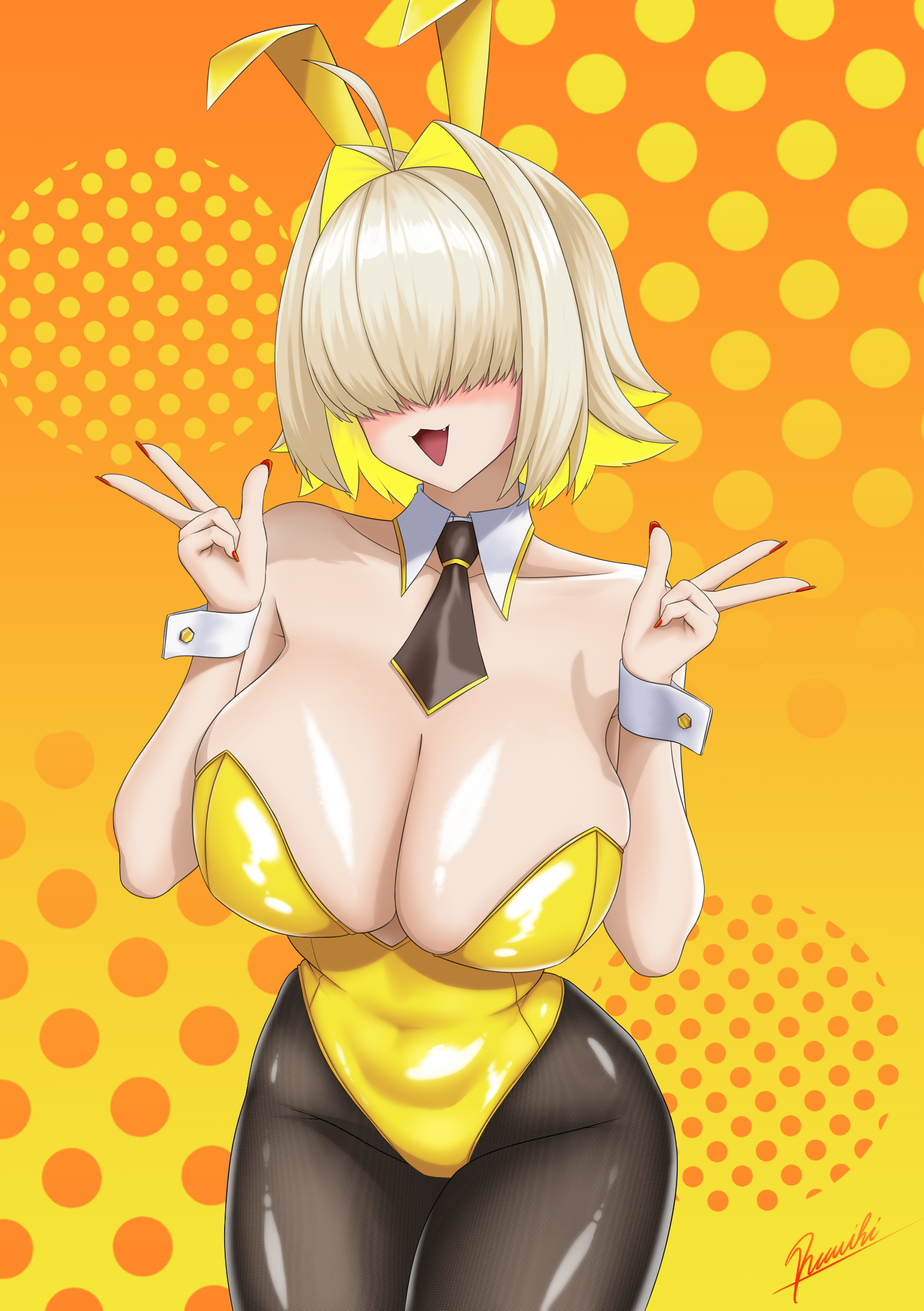 1girls, ahoge, blonde hair, blush, breasts, bunny ears, bunnysuit, cleavage, elegg (nikke), female, female only, goddess of victory: nikke, hair over eyes, hips, large breasts, oerba yun fang, open mouth, pantyhose, peace sign, ramiki, thick thighs