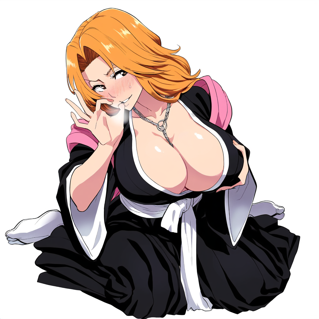 1girls ai_generated barefoot belt big_breasts bleach blue_eyes blush blush_lines breast_grab breasts breasts_bigger_than_head busty chain_necklace chains cleavage cleavage_overflow clothing csmite fellatio_gesture fondling fondling_breast full_body fully_clothed gesture grabbing_own_breast hakama hakama_skirt huge_breasts kimono kneeling knees_together_feet_apart legwear lewd_gesture light-skinned_female light_skin matsumoto_rangiku mature mature_female mature_woman nai_diffusion nail_polish necklace necklace_between_breasts no_bra obi oppai orange_hair plain_background robe sagging_breasts scarf self_fondle sexually_suggestive simple_background smile socks stable_diffusion sweat sweatdrop sweating tabi very_long_hair voluptuous voluptuous_female wavy_hair white_background