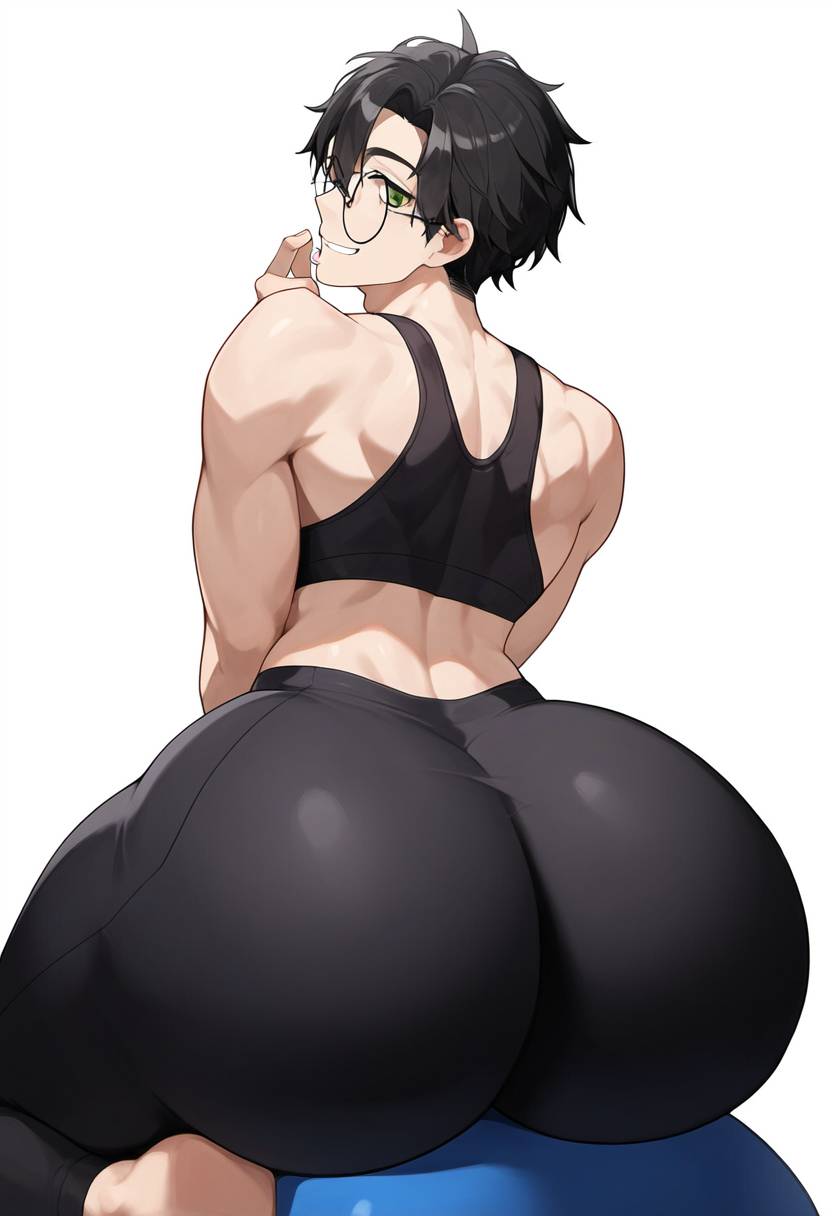 1boy, 2024, ai generated, ass, ass focus, big ass, big butt, black hair, butt focus, femboy, giant ass, glasses, green eyes, huge ass, huge butt, looking at viewer, male, male focus, male only, novelai, sitting down, smirking, tagme, tight clothes, tight clothing, yoga pants