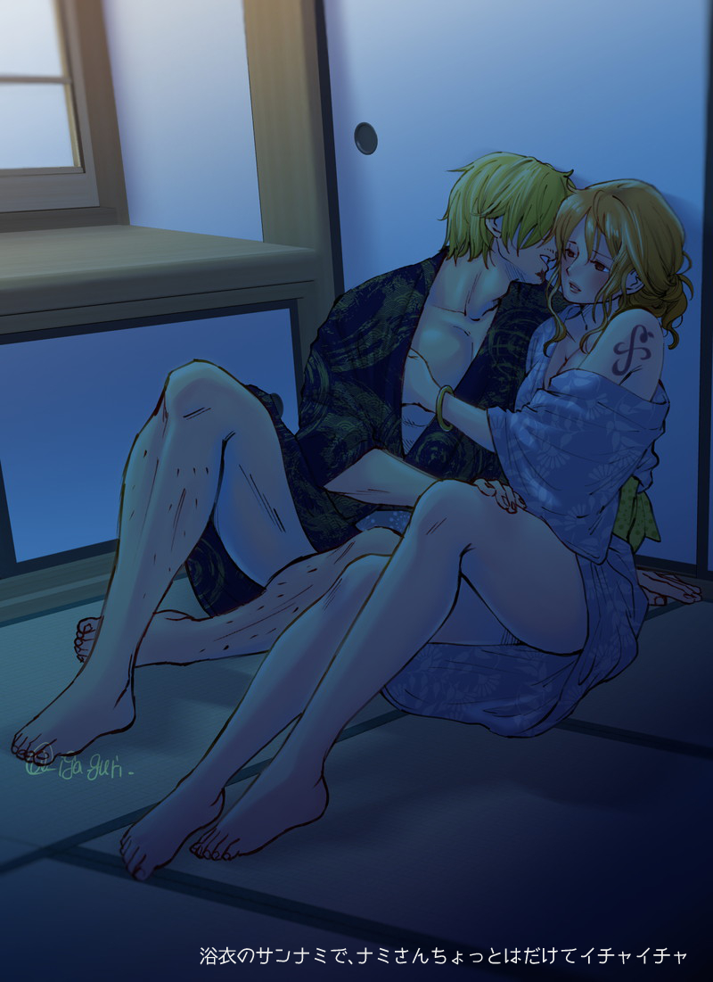 1boy 1girls barefoot blonde_hair cleavage facial_hair female full_body goatee iga_guri indoors intimate japanese_clothes kimono long_hair male nami one_piece orange_hair post-timeskip robe shoulder_tattoo sitting tattoo tied_hair vinsmoke_sanji