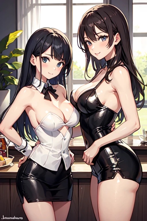 2:3 ai_generated artist_request black_hair blue_eyes brown_hair character_request copyright_request daughter_(lore) detached_collar female female_only long_hair medium_breasts medium_hair mother_and_daughter skinny_girl small_breasts source_request underdressing waitress white_skin yuri