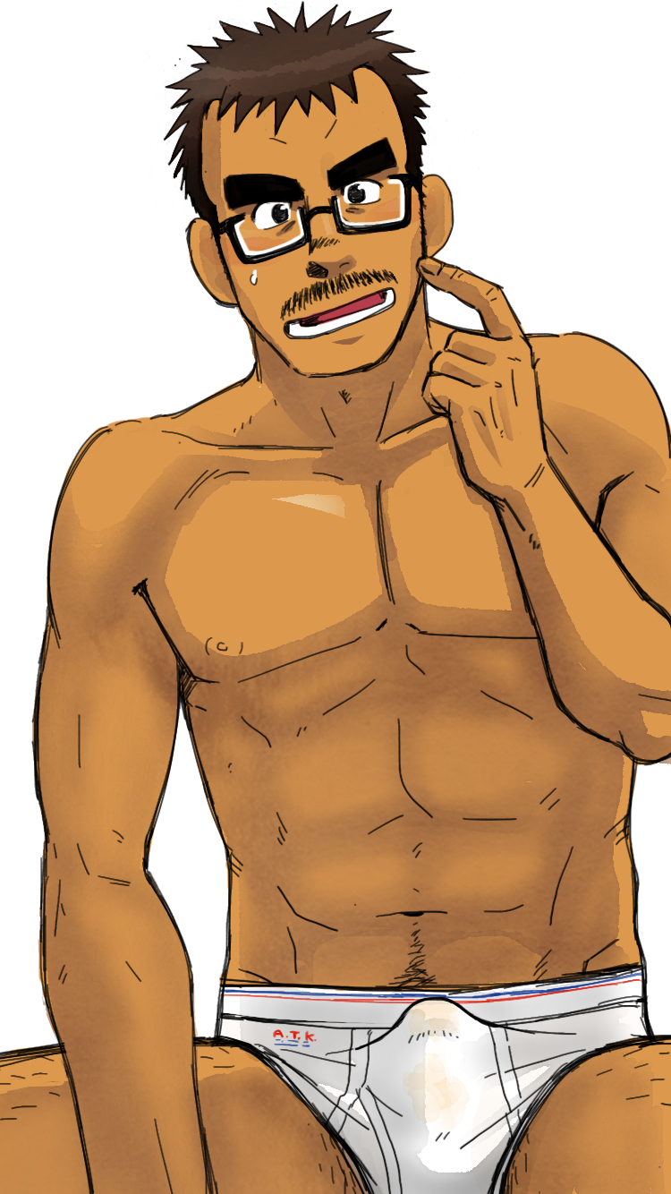 10s 1boy 2018 blush briefs brown_hair bulge erection gay glasses human male male_only moustache muscular muscular_male nipples pee_stain simple_background solo spread_legs stain sweat sweatdrop taku_hiraku underwear urine white_background