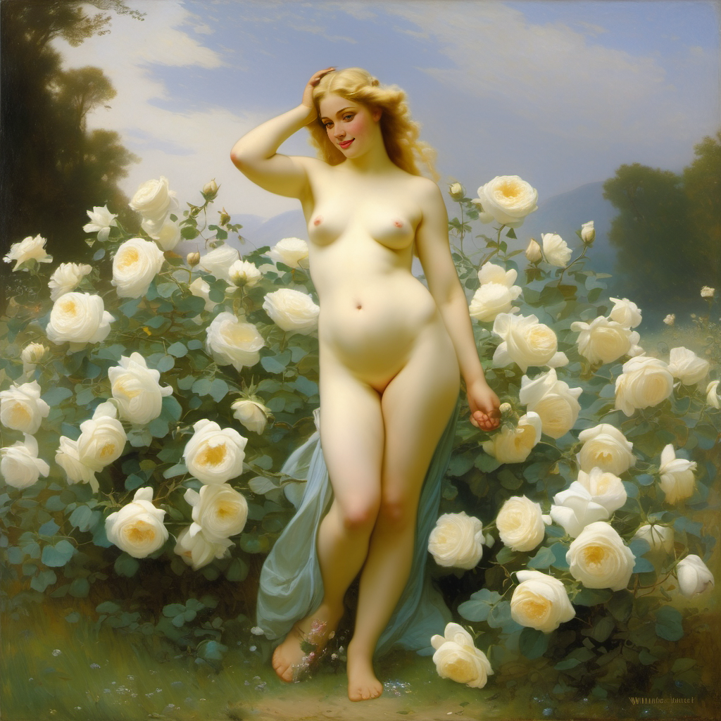 ai_generated belly blonde_hair blue_eyes breasts curly_hair curvy female flower flowers lips long_hair medium_breasts navel nipples nude presenting realistic rose_(flower) smile solo white_rose william_bouguereau