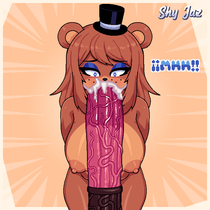 bear_ears blowjob blue_eyes blue_eyeshadow blush bow_tie bowtie breasts brown_body brown_hair cum cum_in_mouth cum_inside ear equine_genitalia equine_penis eyeshadow fellatio five_nights_at_freddy's freddy_(fnaf) fredina's_nightclub fredina_(cally3d) frenni_fazclaire looking_at_penis naked oral rape robot robot_girl saliva shy_jaz simple_background standing text top_hat vagina zoophilia