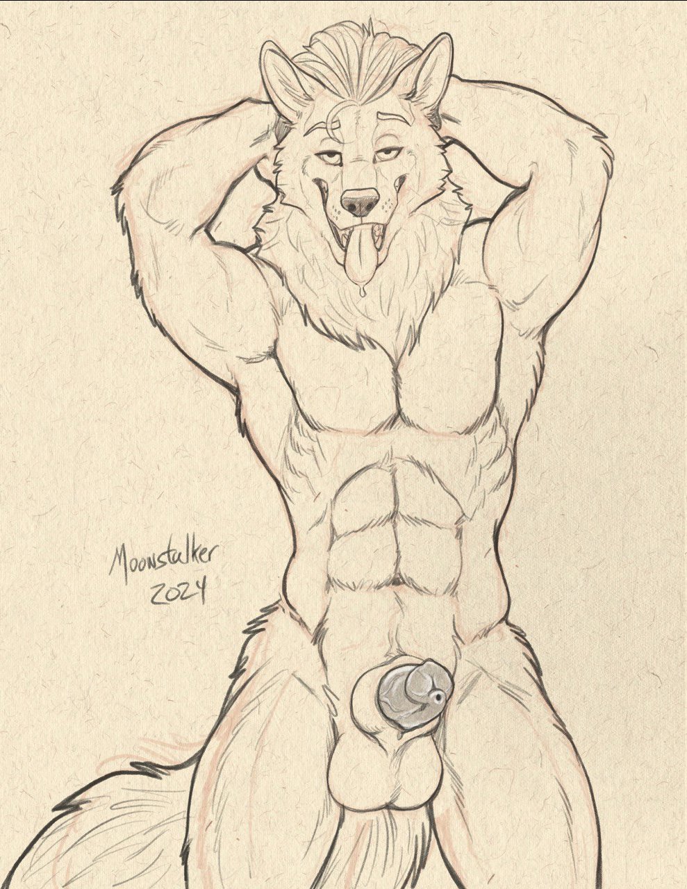 abs anthro balls bedroom_eyes canid canine canis erection genitals hi_res looking_at_viewer male male_focus male_only mammal monochrome muscular muscular_anthro muscular_male narrowed_eyes penis richard_foley seductive sepia solo solo_male tongue tongue_out wold wolf