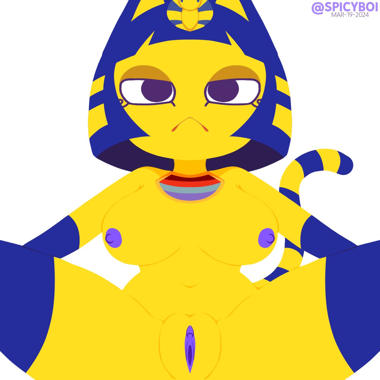 2024 :< animal_crossing ankha anthro areolae big_breasts blue_eyes blue_hair blue_nipples blue_pussy breasts dated feline furry looking_at_viewer navel nintendo nipples nude solo spicyboi spread_legs tagme tail twitter_username white_background yellow_fur