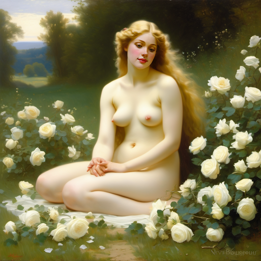 ai_generated belly blonde_hair blue_eyes breasts curly_hair curvy female flower flowers lips long_hair medium_breasts navel nipples nude presenting realistic rose_(flower) smile solo white_rose william_bouguereau