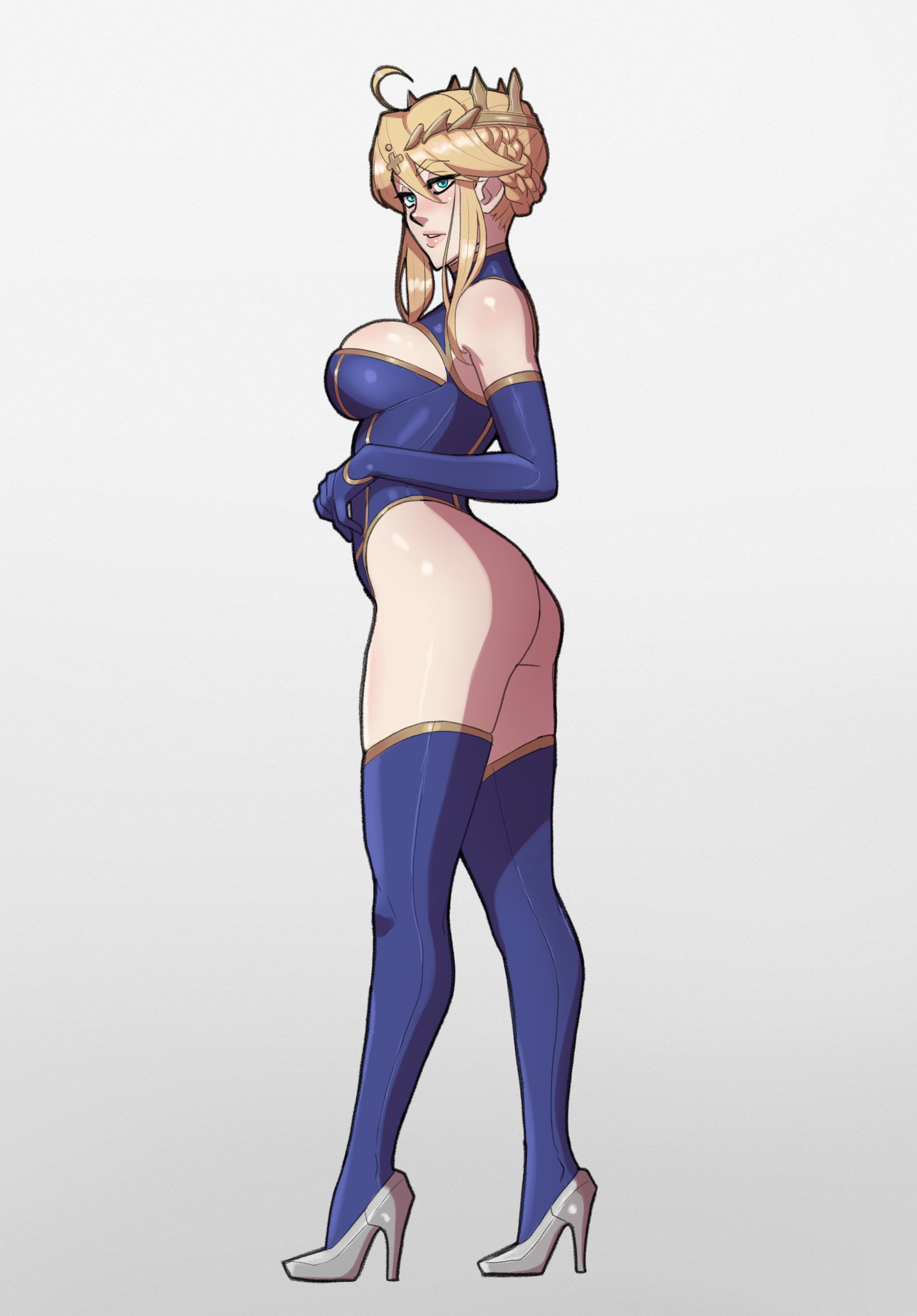 1girls, armwear, artoria pendragon, artoria pendragon (lancer), ass, big breasts, blonde hair, blue gloves, blue thighhighs, breasts, crown, elbow gloves, fate (series), female, female only, footwear, fully clothed, gloves, green eyes, hair, headwear, heels, high heels, huge breasts, king0fghouls, legwear, lips, revealing clothes, side view, sideboob, skimpy clothes, solo, solo female, stockings, thighhighs, thighs, tight clothing