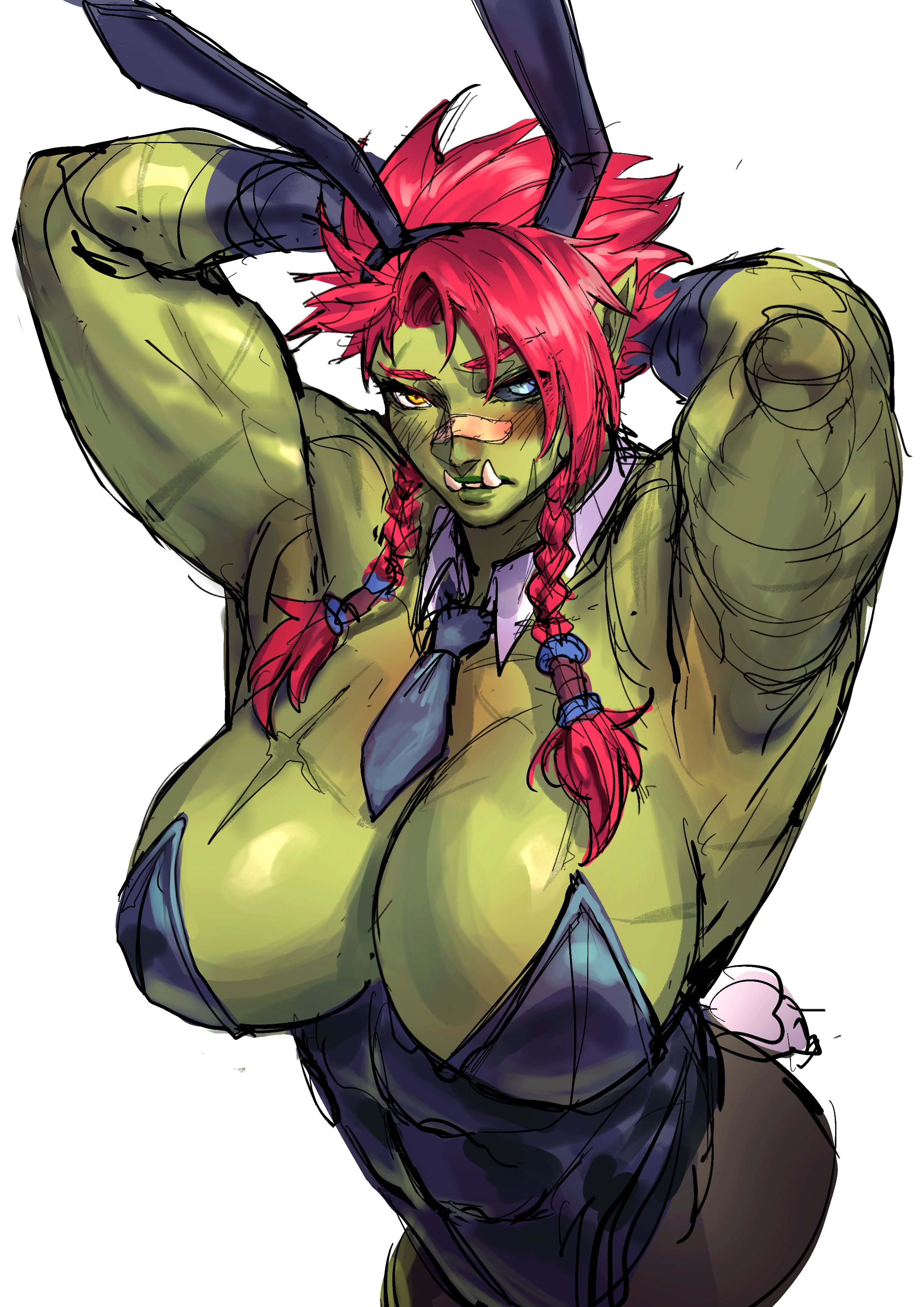 big breasts, blush, breasts, bunnysuit, cassandra (virgoart1509), female, green skin, muscular, muscular female, orc, orc female, red hair, virgoart1509