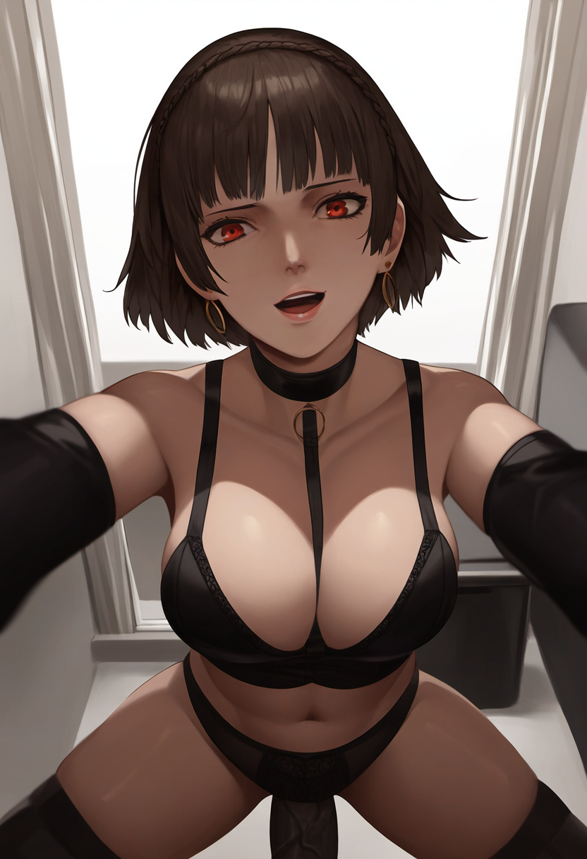 ai_generated black_lingerie cowgirl_position dark-skinned_male eye_contact interracial light-skinned_female looking_at_viewer makoto_niijima open_mouth persona persona_5 pov_cowgirl pov_eye_contact su_whore_(artist)