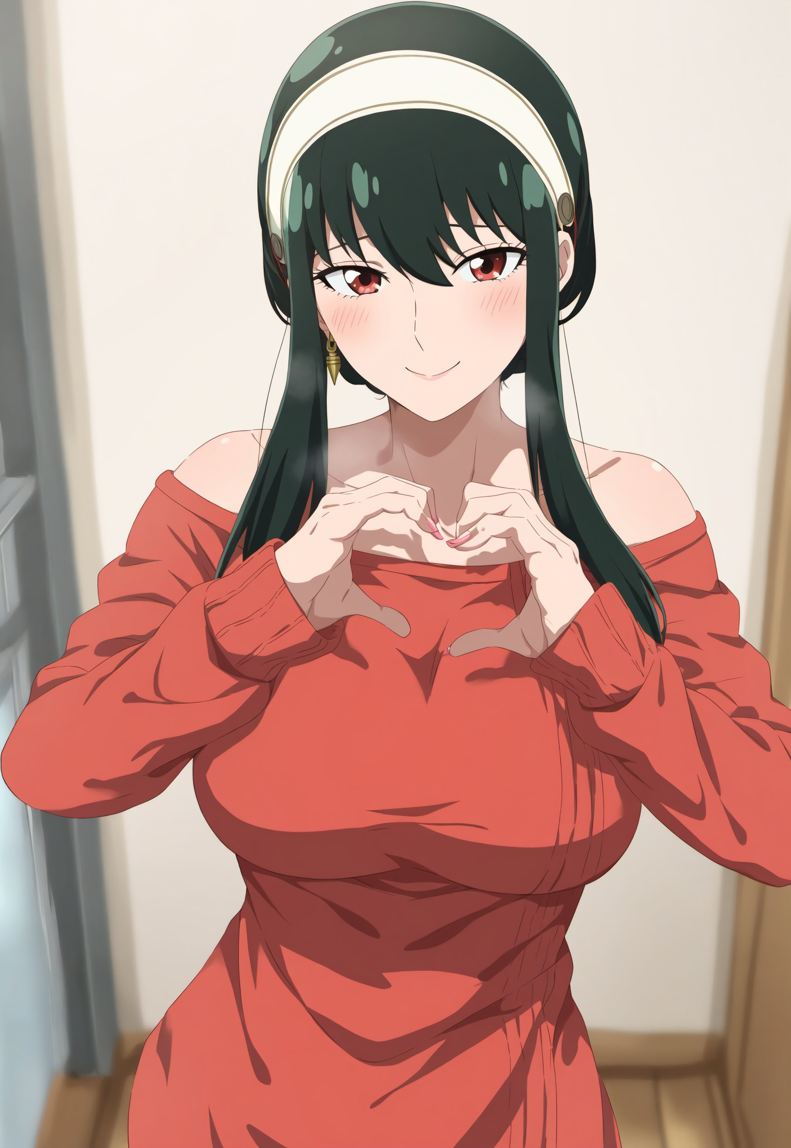 1girls, ai generated, black hair, blush, breasts, busty, curvy, dress, female, hairband, heart, heart hands, hi res, large breasts, light skin, light-skinned female, mature female, milf, red dress, red eyes, red sweater, smile, solo, spy x family, sweater, yor briar, yor forger