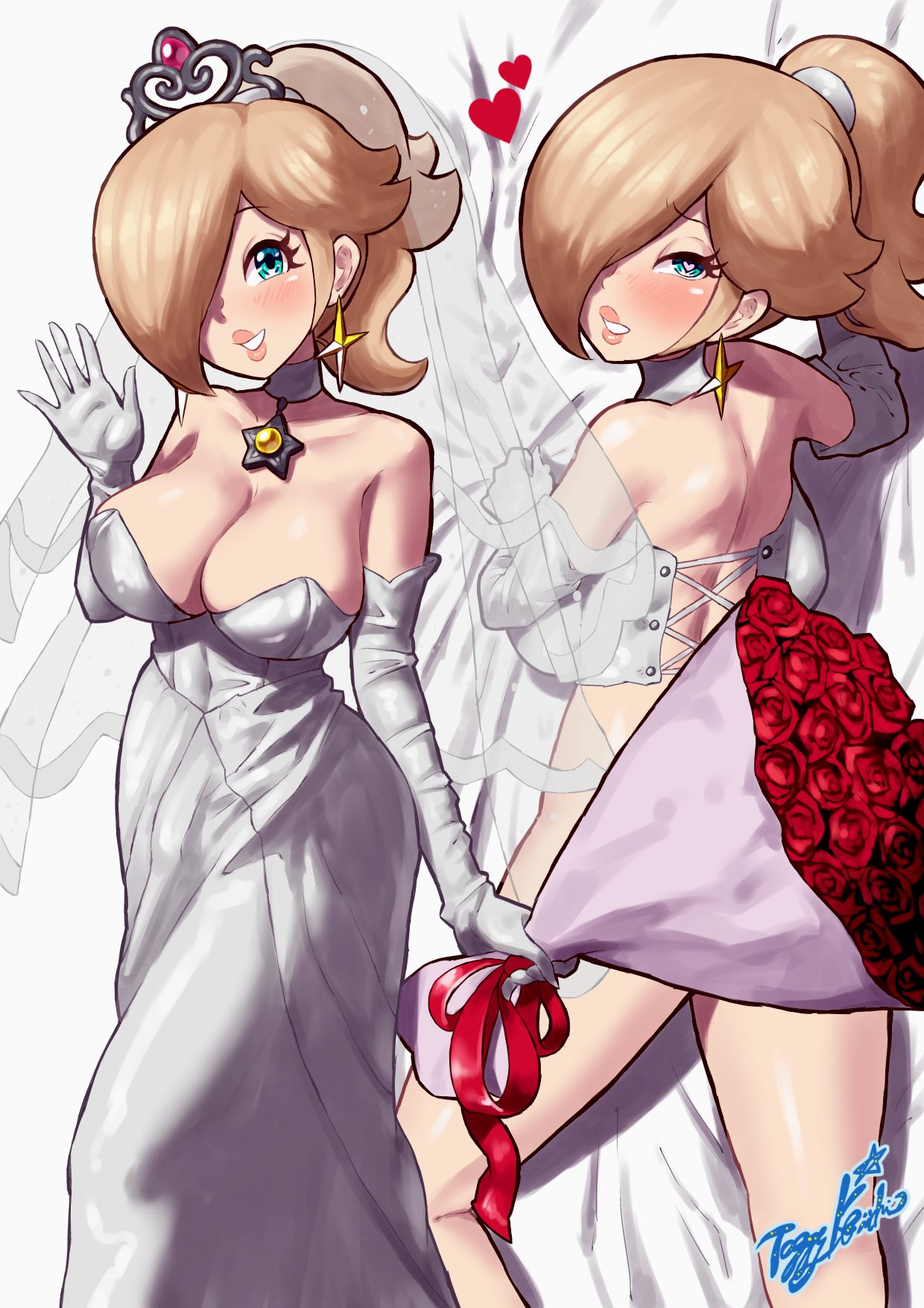 1girls alternate_costume big_breasts blonde_hair blue_eyes breasts bridal_gown bridal_veil bride dress earrings female female_only flowers gloves heart-shaped_pupils mario_(series) nintendo ponytail princess_rosalina solo super_mario_galaxy super_mario_odyssey tagme tiara wedding_dress wedding_peach_(super_mario_odyssey)_(cosplay) wedding_veil yamino_ekakinin